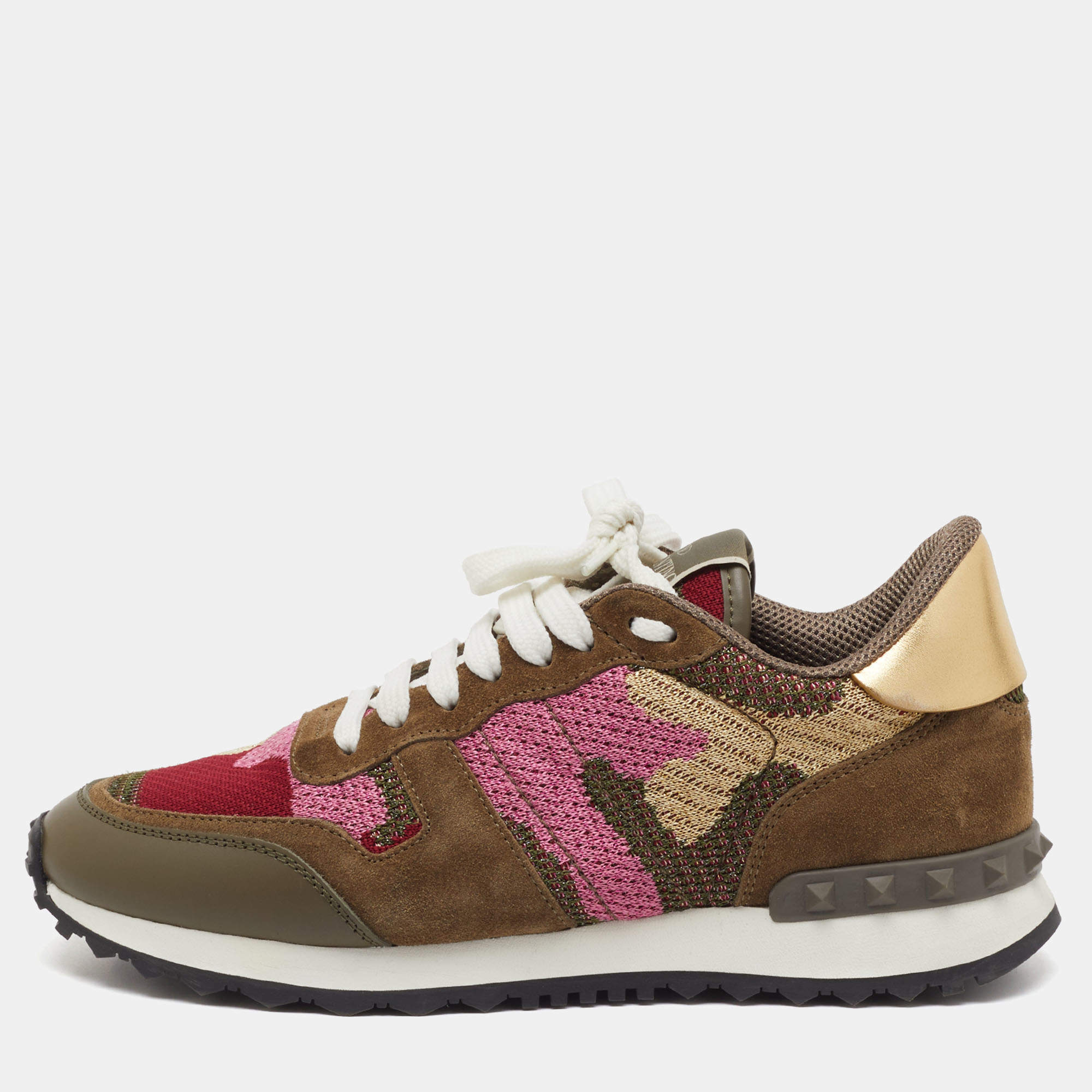 Pre Owned Valentino Multicolor Suede, Leather and Knit Fabric Rockrunner Sneakers Size 37