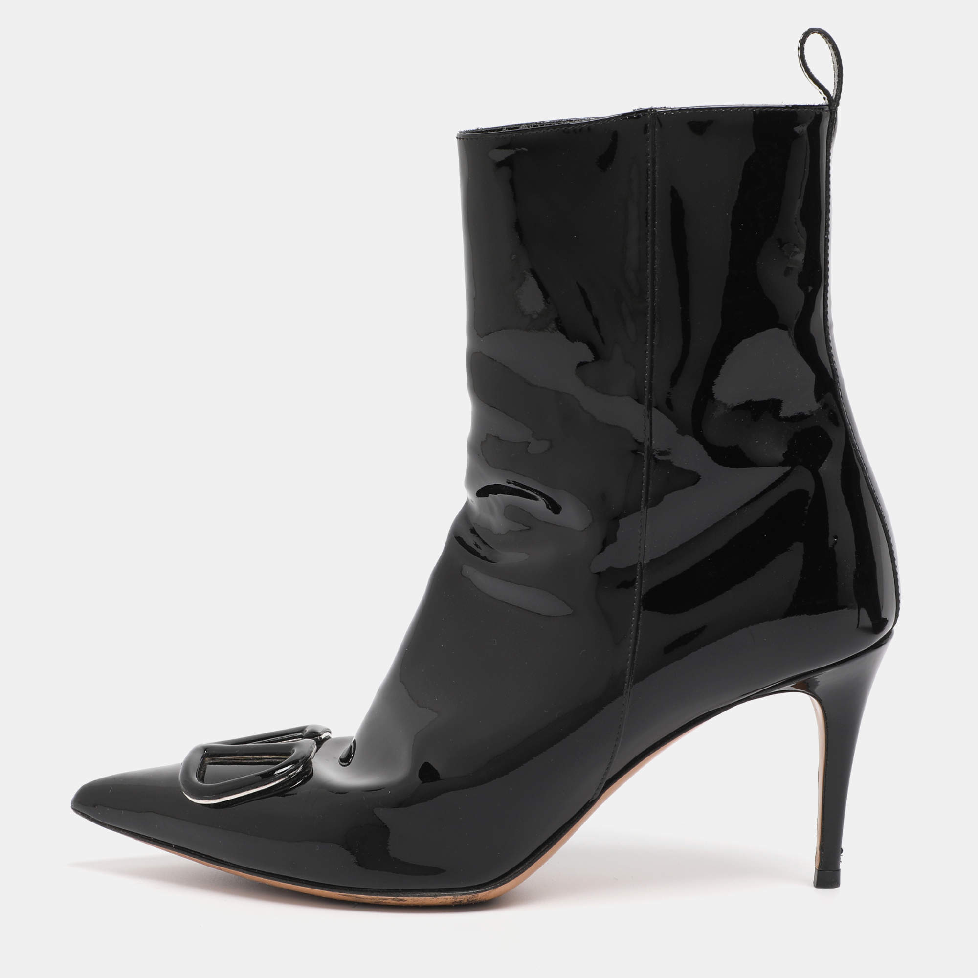 Pre Owned Valentino Beige Patent Leather VLogo Ankle Length Boots Size 38