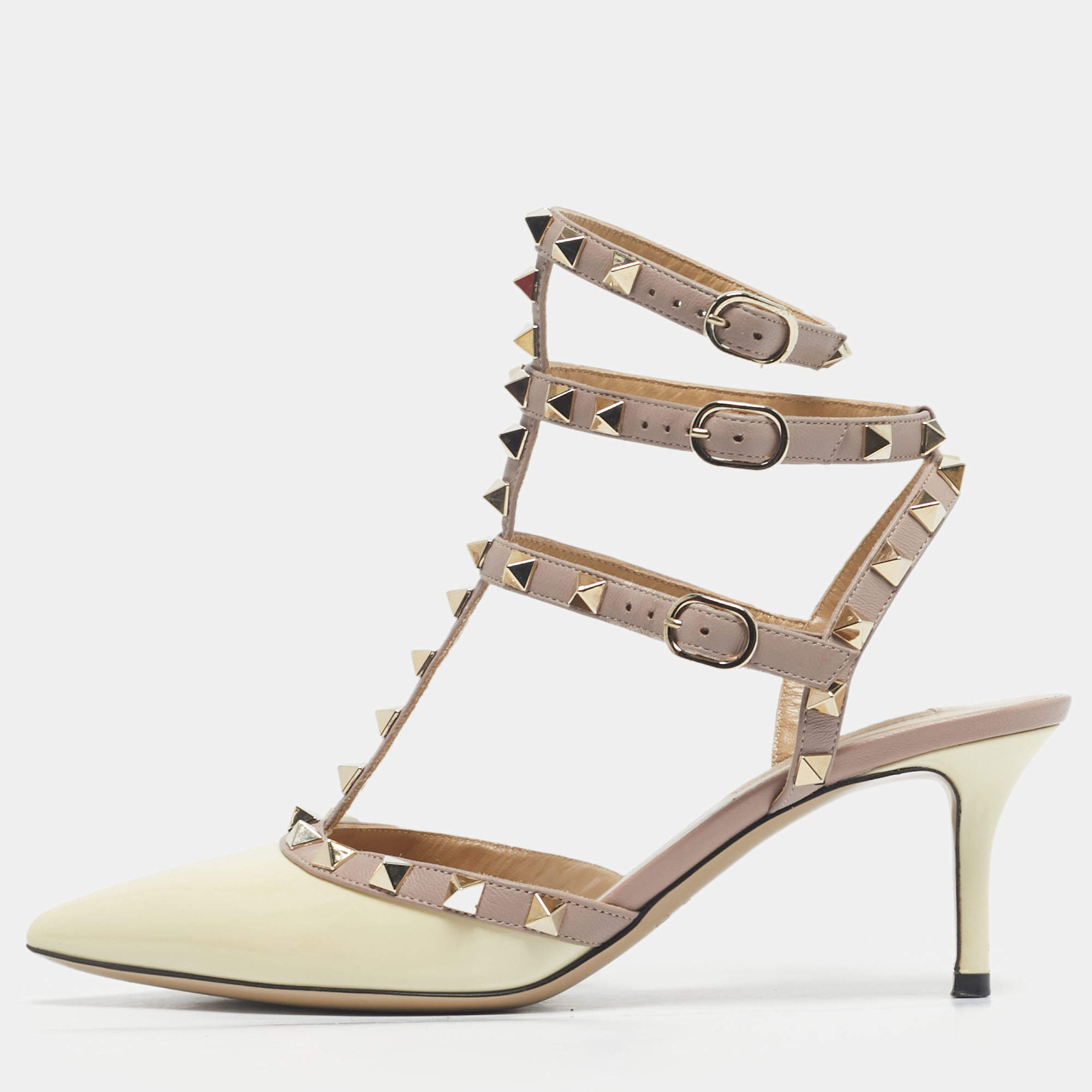 Pre Owned Valentino Cream Leather and Patent Leather Rockstud Pumps Size 37