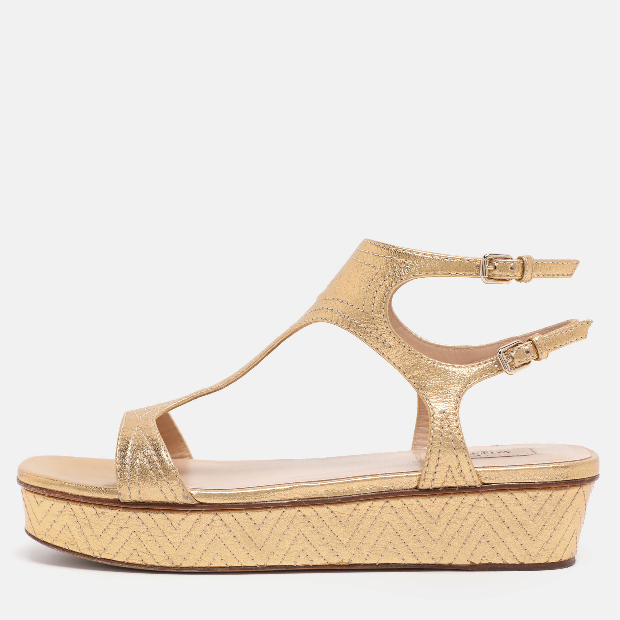Pre Owned Valentino Gold Leather T-Strap Sandals Size 38