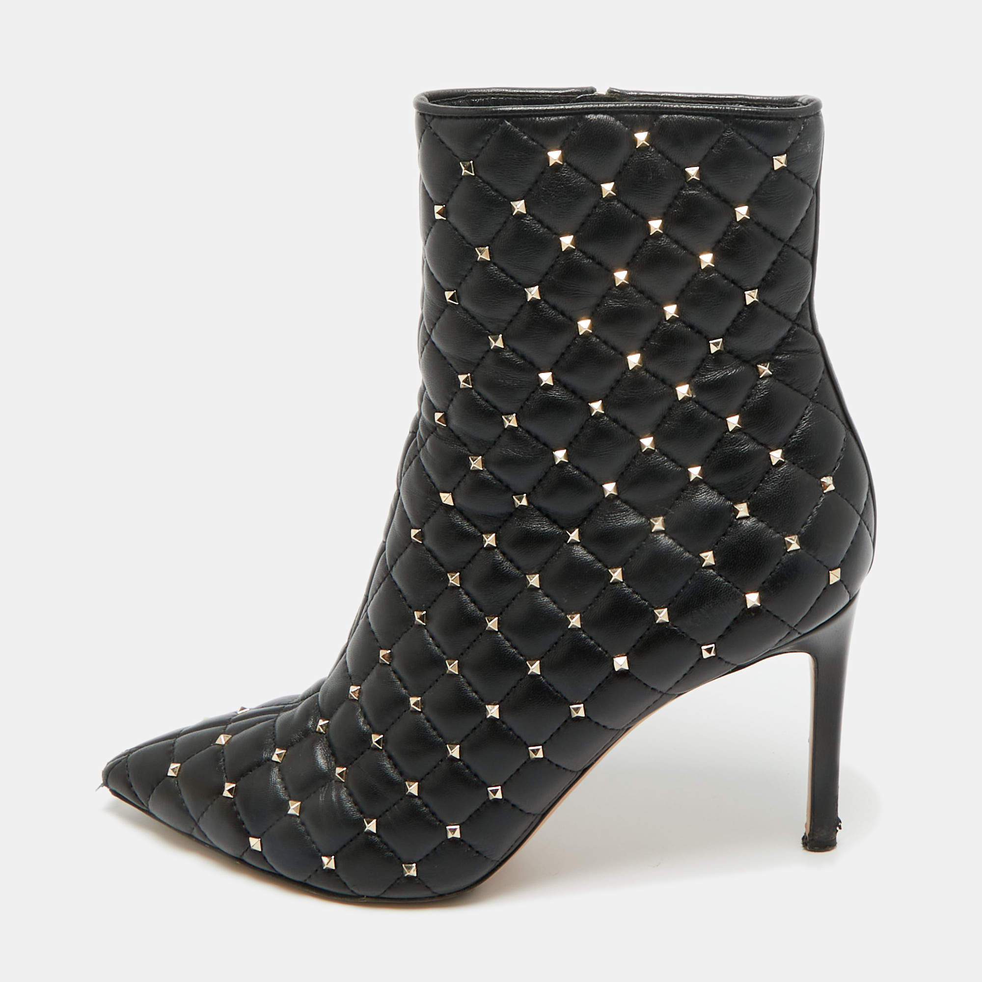 Pre Owned Valentino Black Leather Rockstud Ankle Length Boots Size 38