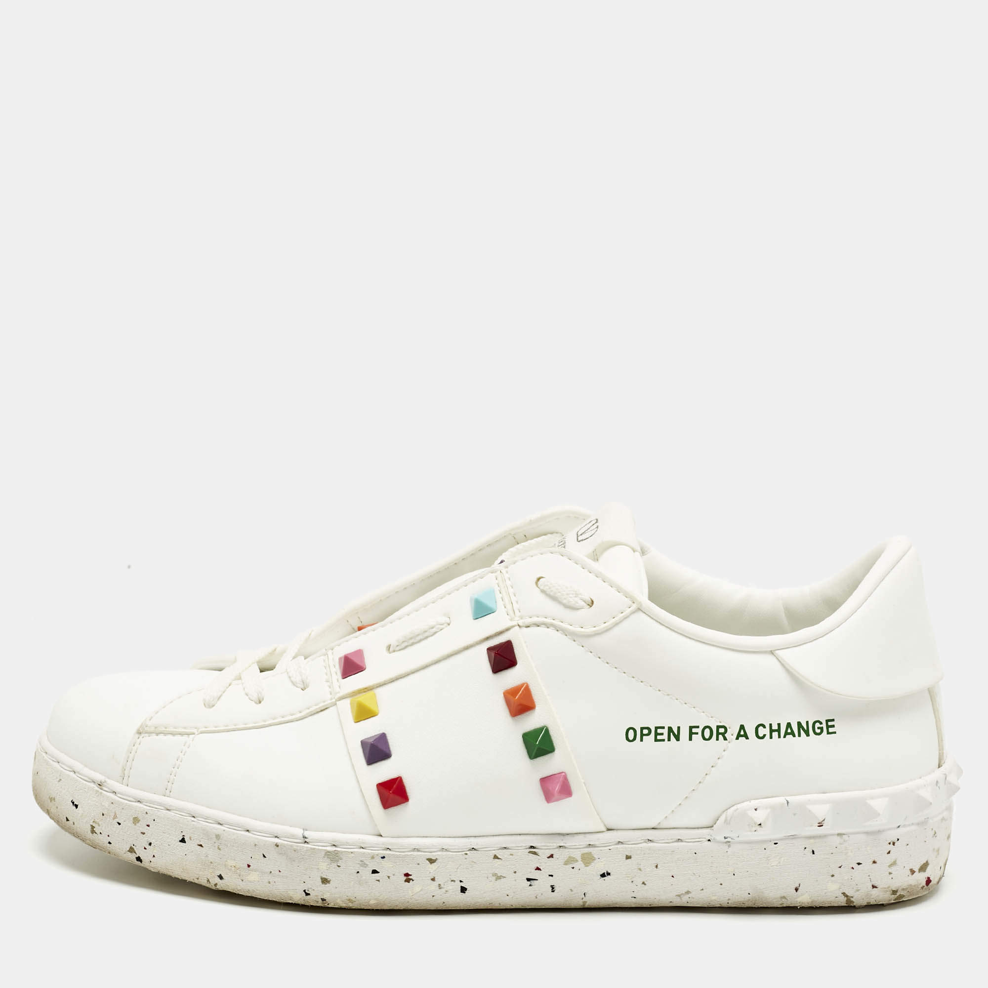 Pre Owned Valentino White Faux Leather Rockstud Open for a Change Sneakers Size 41.5