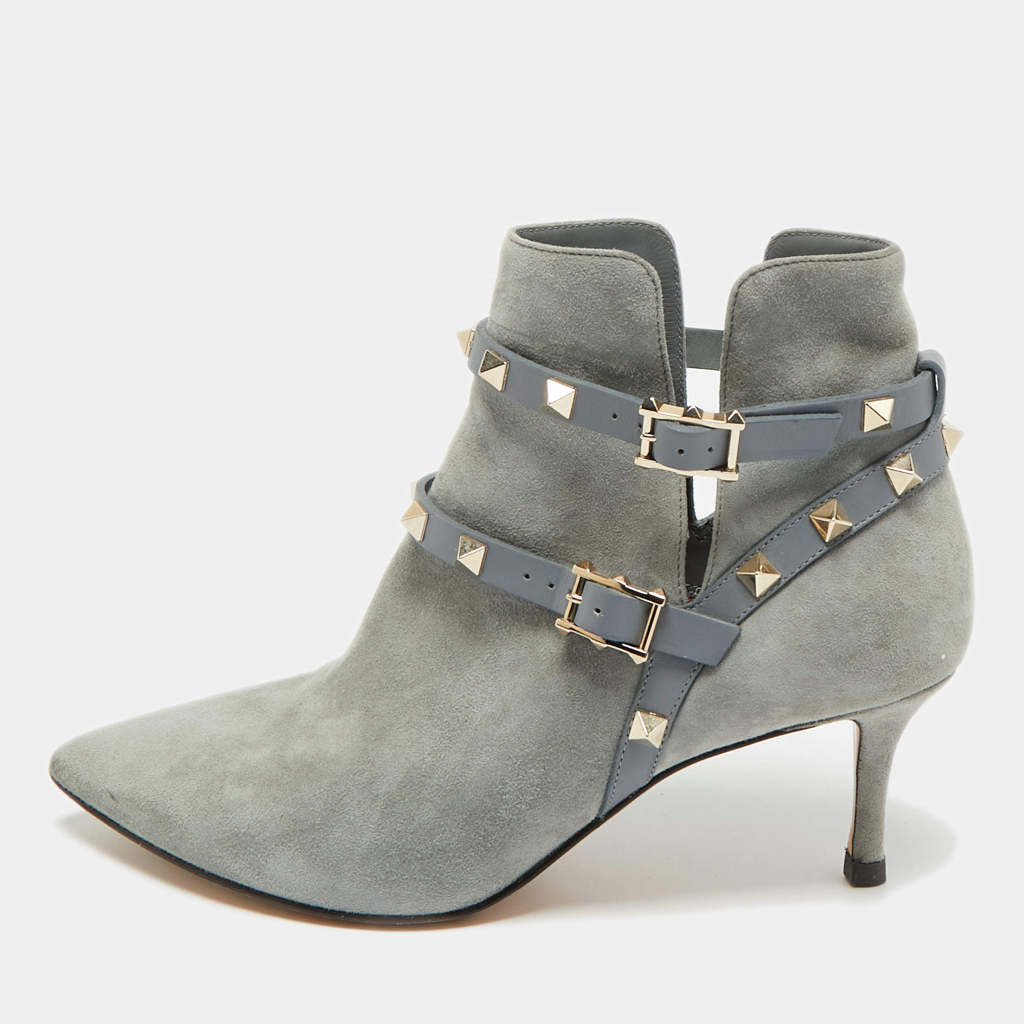 Pre Owned Valentino Blue Leather and Suede Rockstud Ankle Length Boots Size 36.5