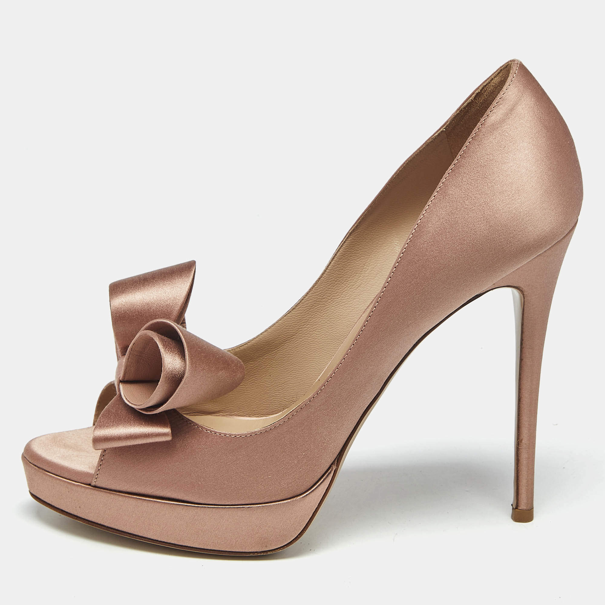 Pre Owned Valentino Dusty Pink Satin Bow Peep Toe Platform Pumps Size 39