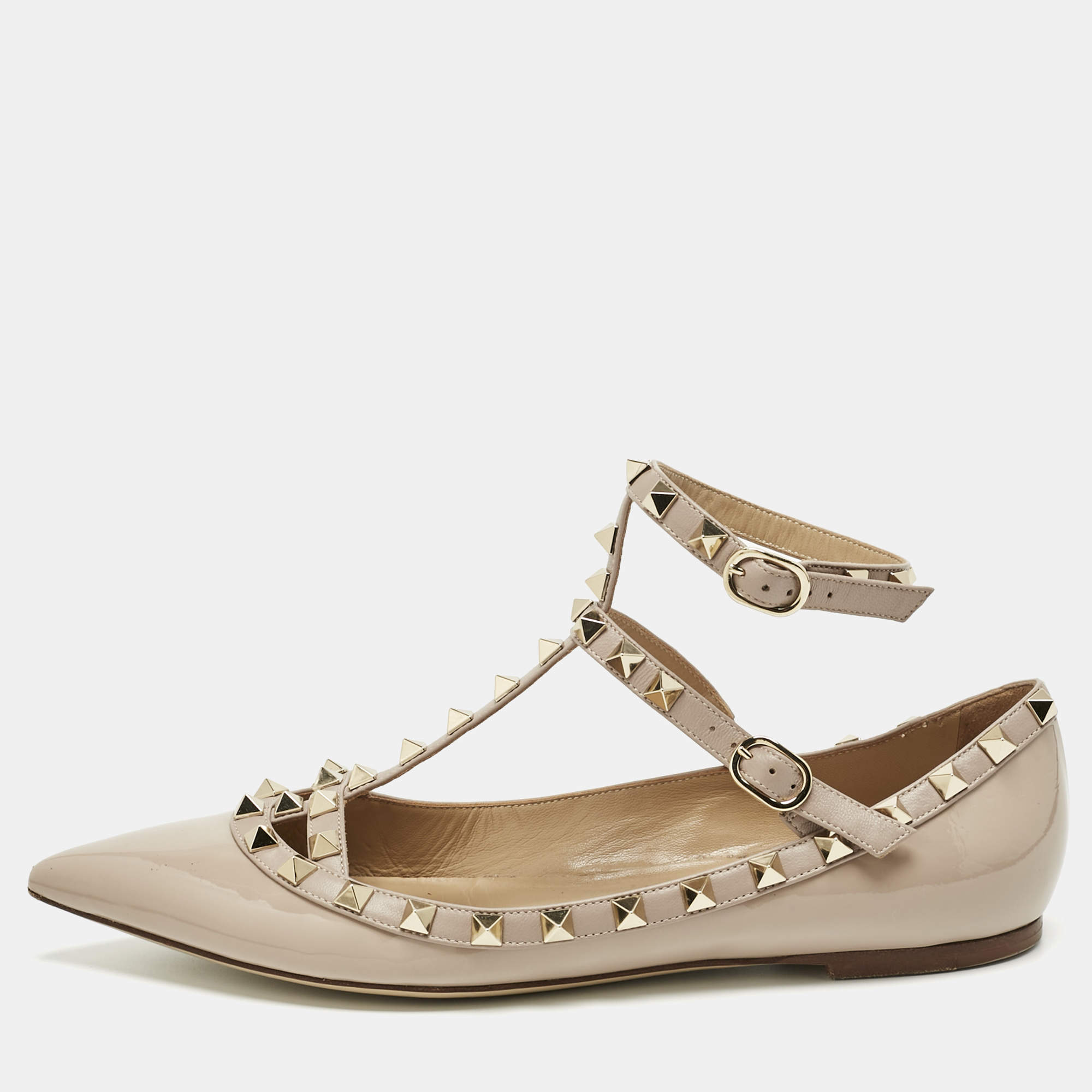 Pre Owned Valentino Beige Leather and Patent Leather Rockstud Ballet Flats Size 38.5