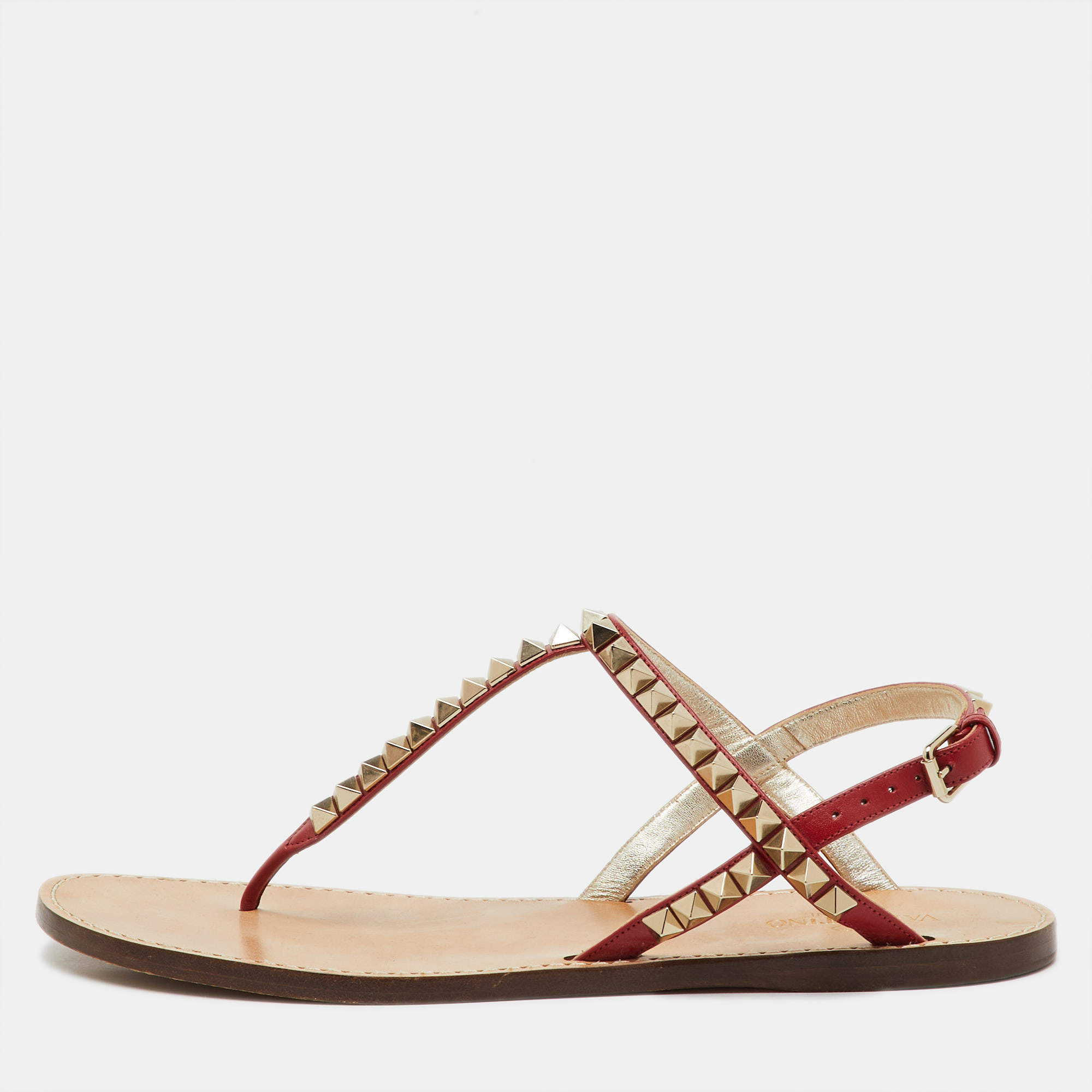 Pre Owned Valentino Red Leather Rockstud Thong Flat Sandals Size 38