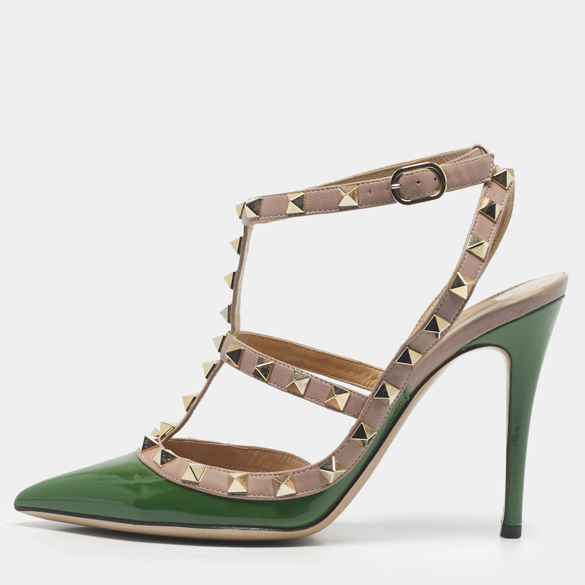 Pre Owned Valentino Beige/Green Leather and Patent Rockstud Pumps Size 36