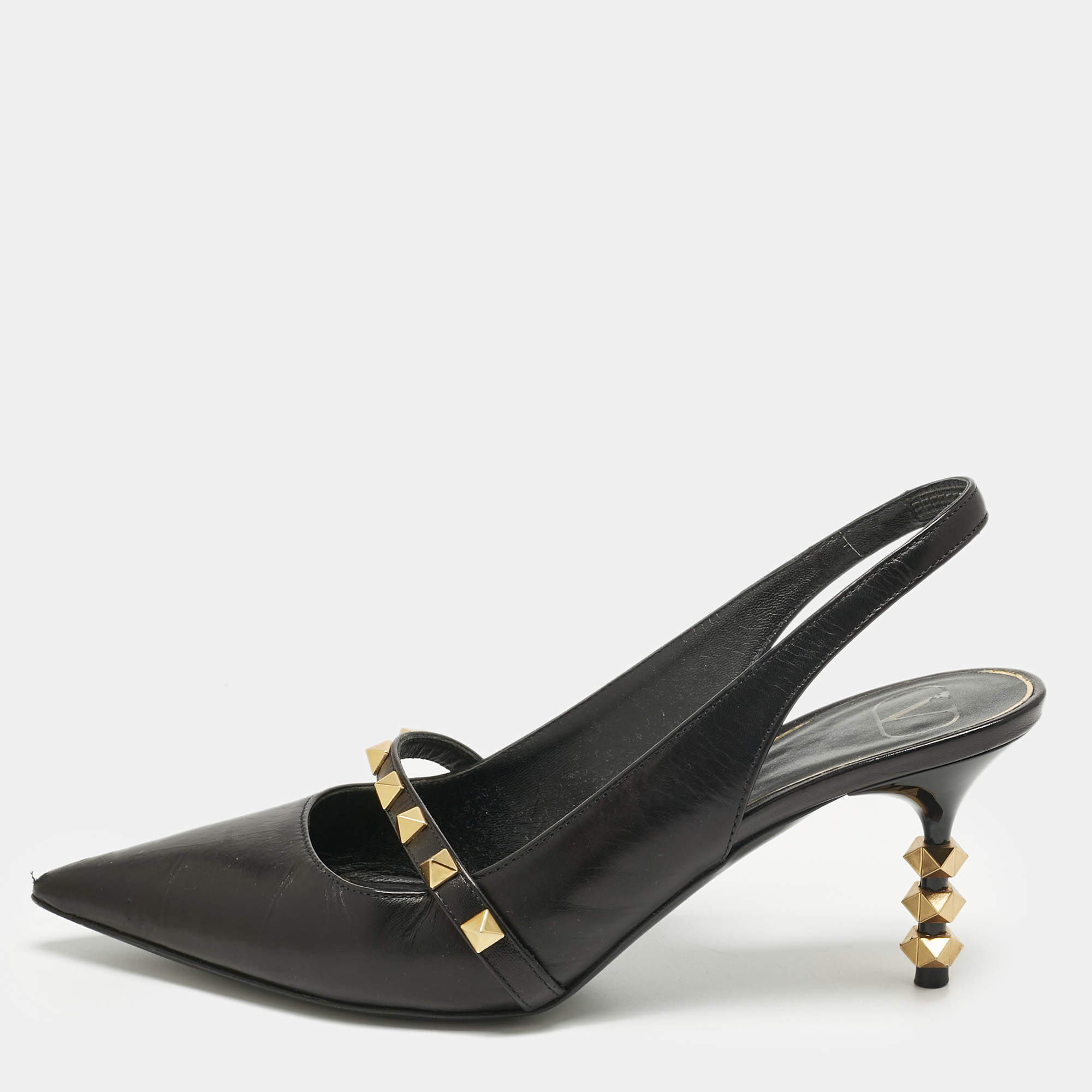 Pre Owned Valentino Black Leather Rockstud Slingback Pumps Size 38