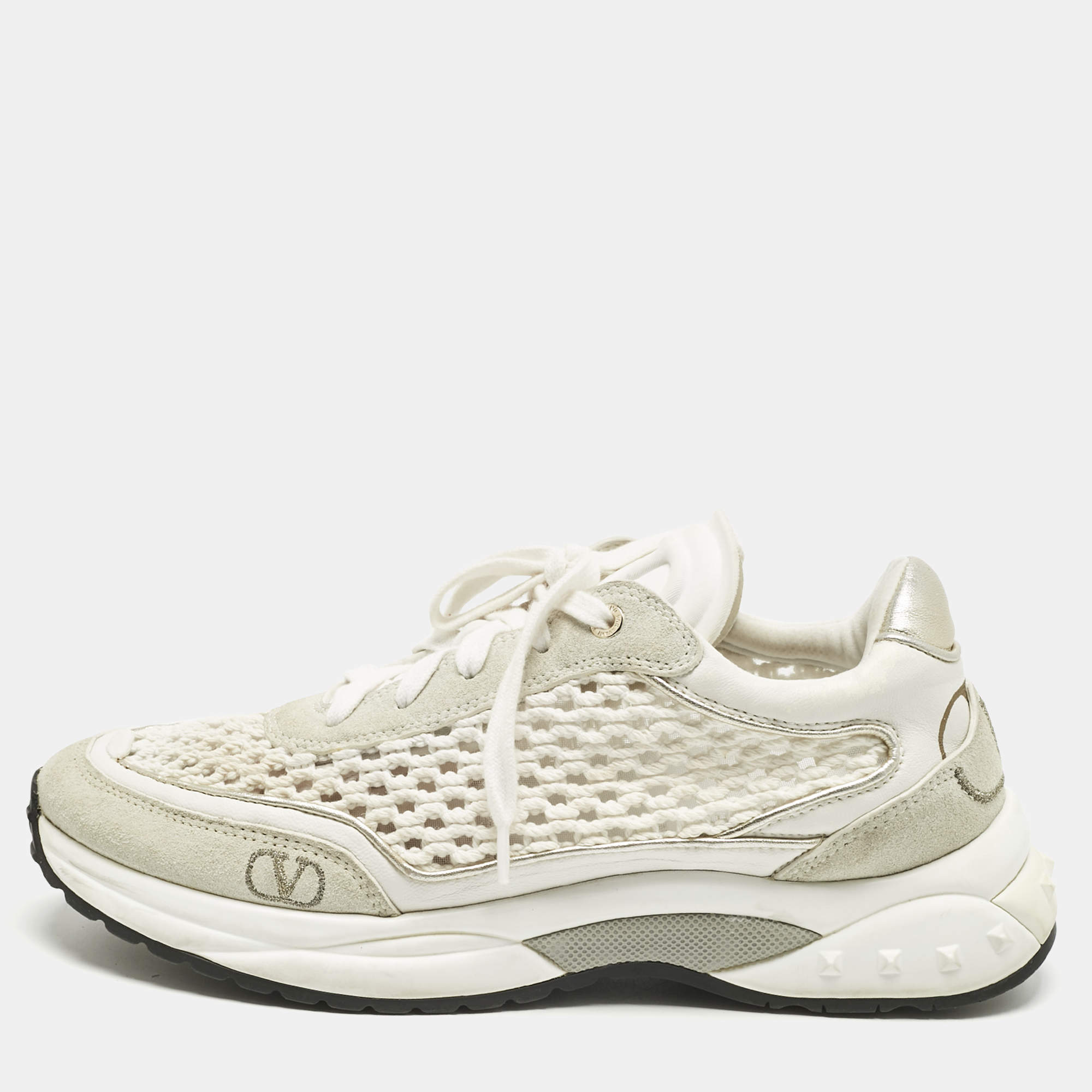 Pre Owned Valentino White/Grey Knit Fabric and Leather Ready Go Low Top Sneakers Size 37