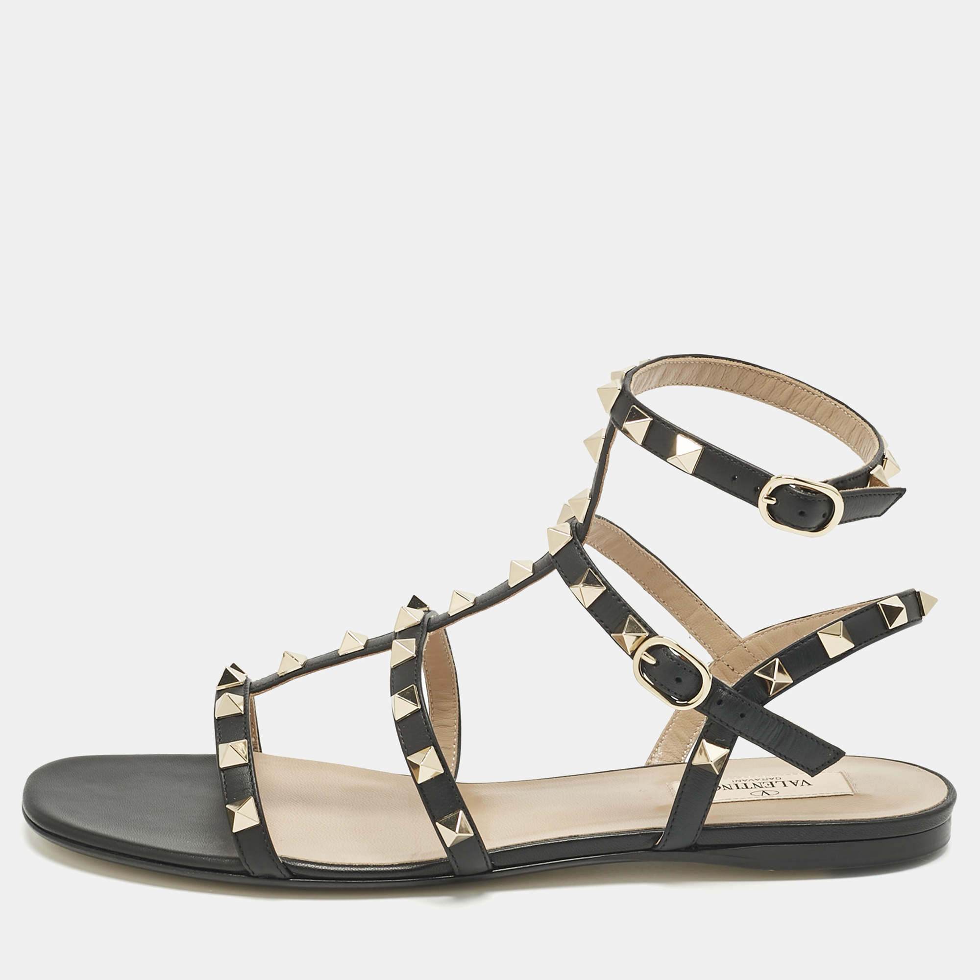 Pre Owned Valentino Black Leather Rockstud Flat Sandals Size 40