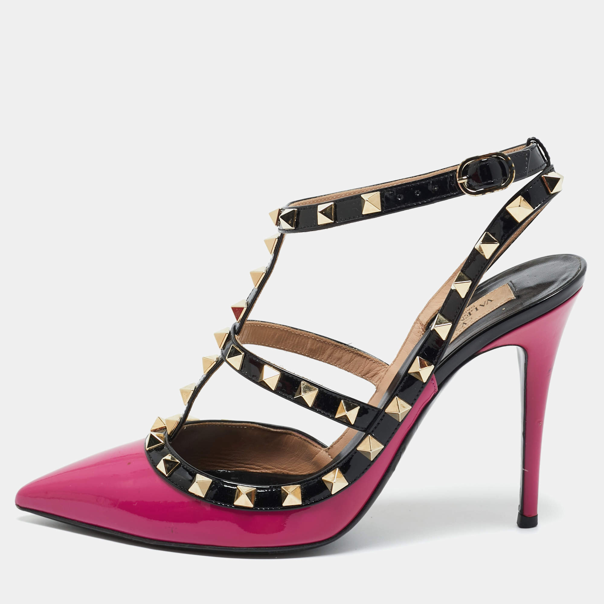 Pre Owned Valentino Purple/Black Leather and Patent Leather Rockstud Pumps Size 39