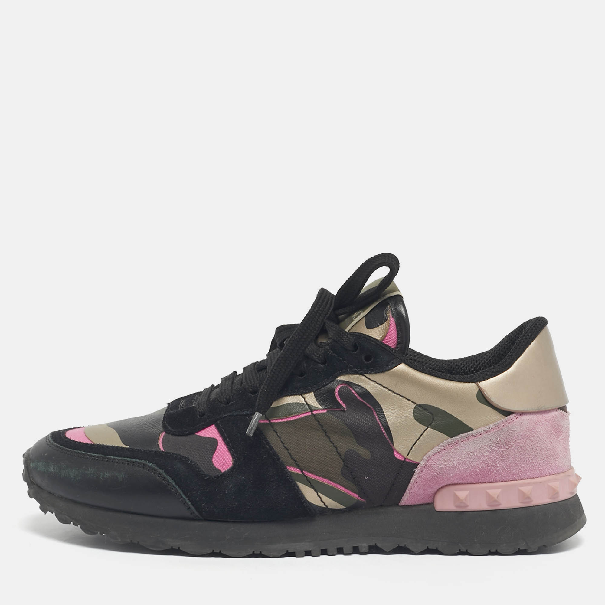 Pre Owned Valentino Multicolor Camouflage Suede And Leather Rockrunner Low Top Sneakers Size 38