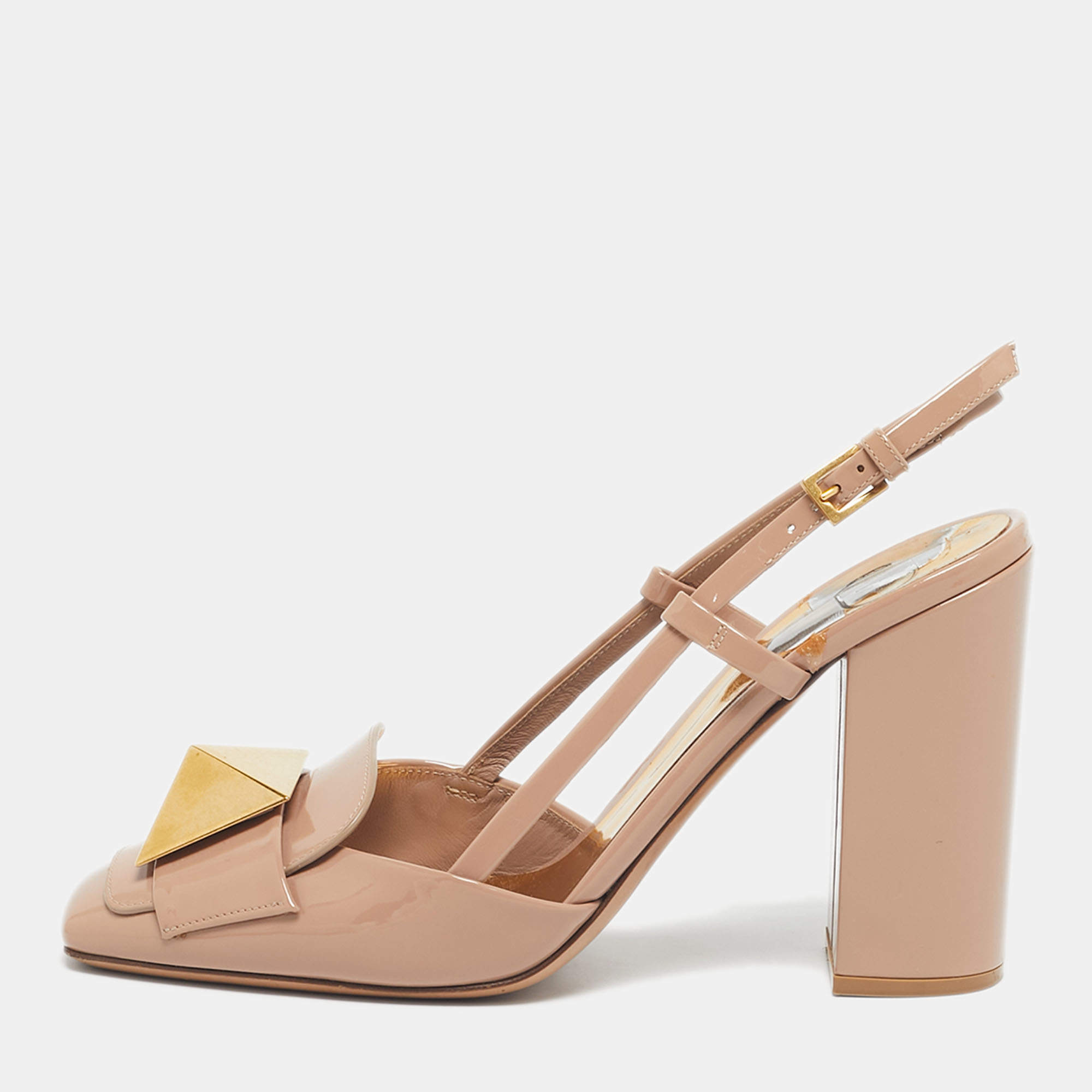 Pre Owned Valentino Beige Patent Leather One Stud Slingback Pumps Size 38