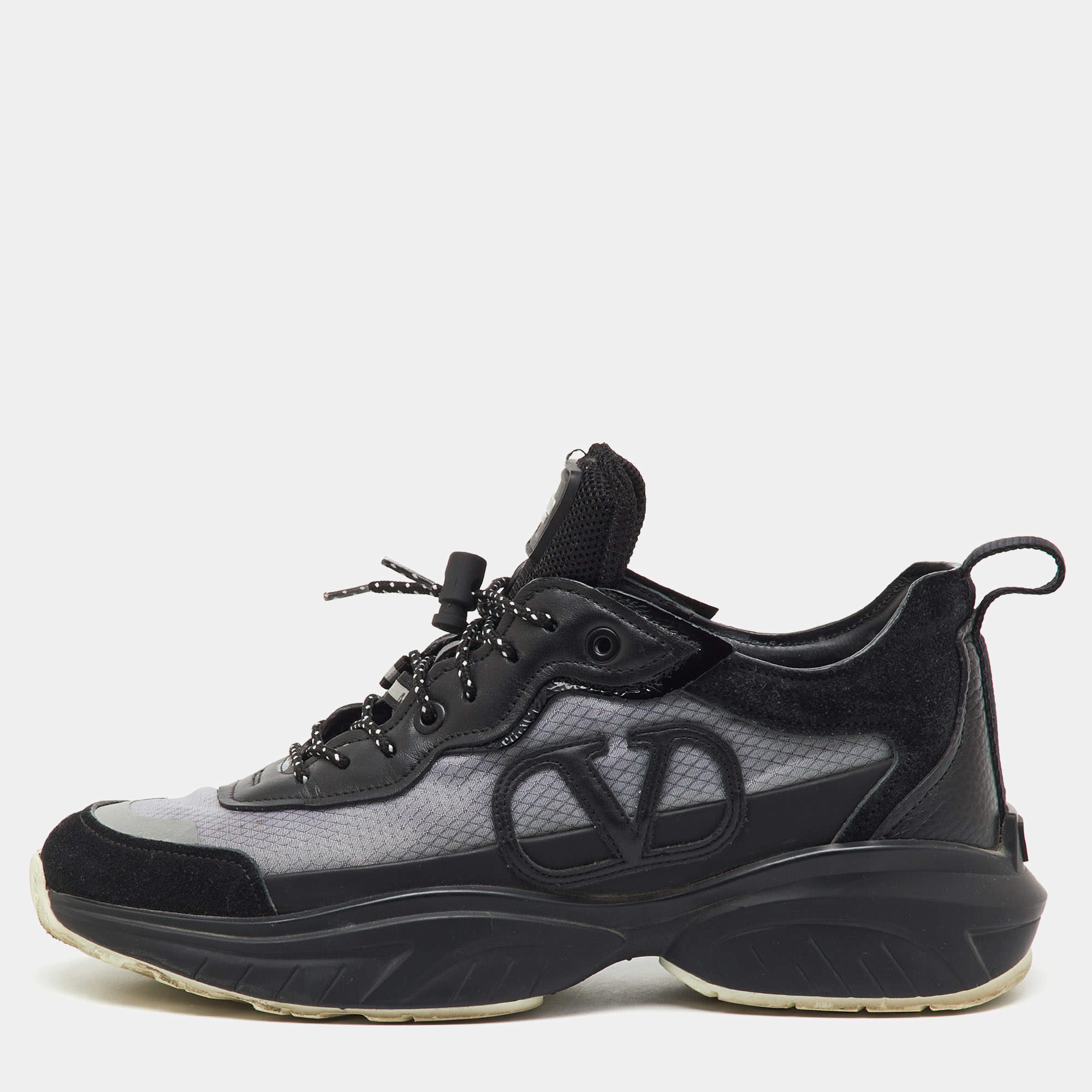 Pre Owned Valentino Black/Grey Mesh and Suede Escape VLogo Sneakers Size 38