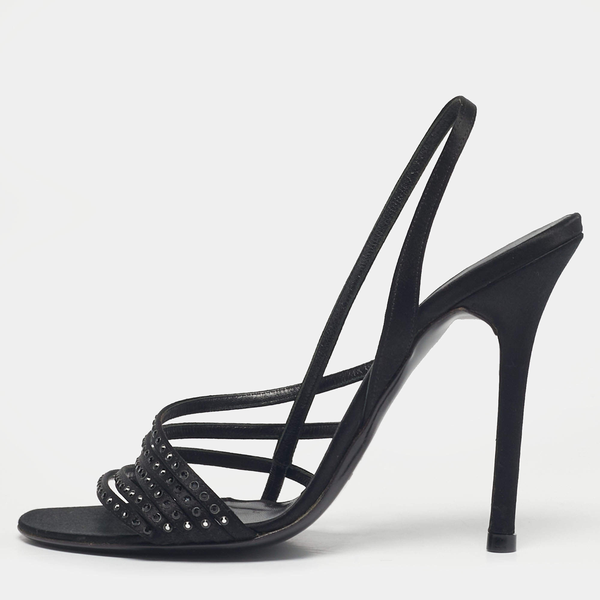 مملوكة مسبقًا Valentino Black Satin Crystal Embellish Slingback Sandals Size 37.5