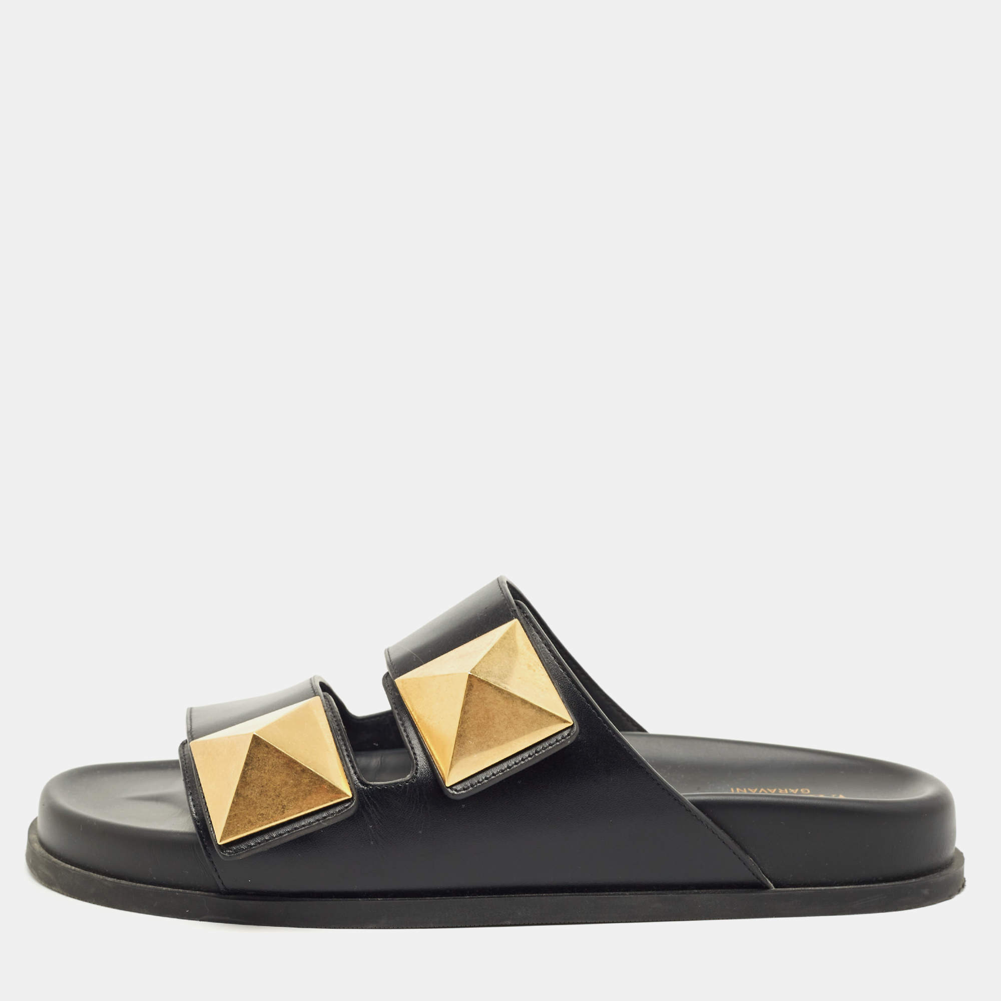 Pre Owned Valentino Black Leather One Stud Flat Sandals Size 40.5