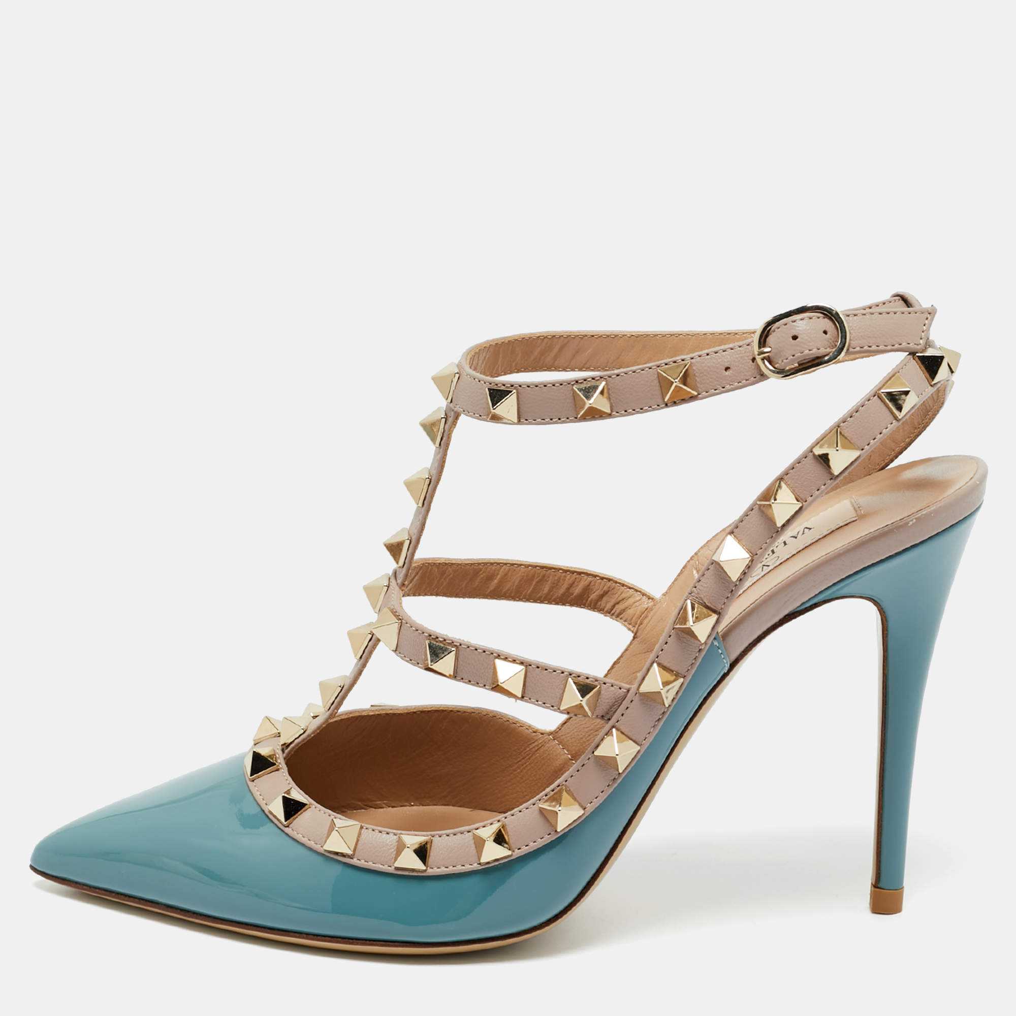 Pre Owned حذاء كعب عالي فالنتينو روكستد جلد أبيض/ أخضر زيتوني بحزام للكاحل مقاس 37.5