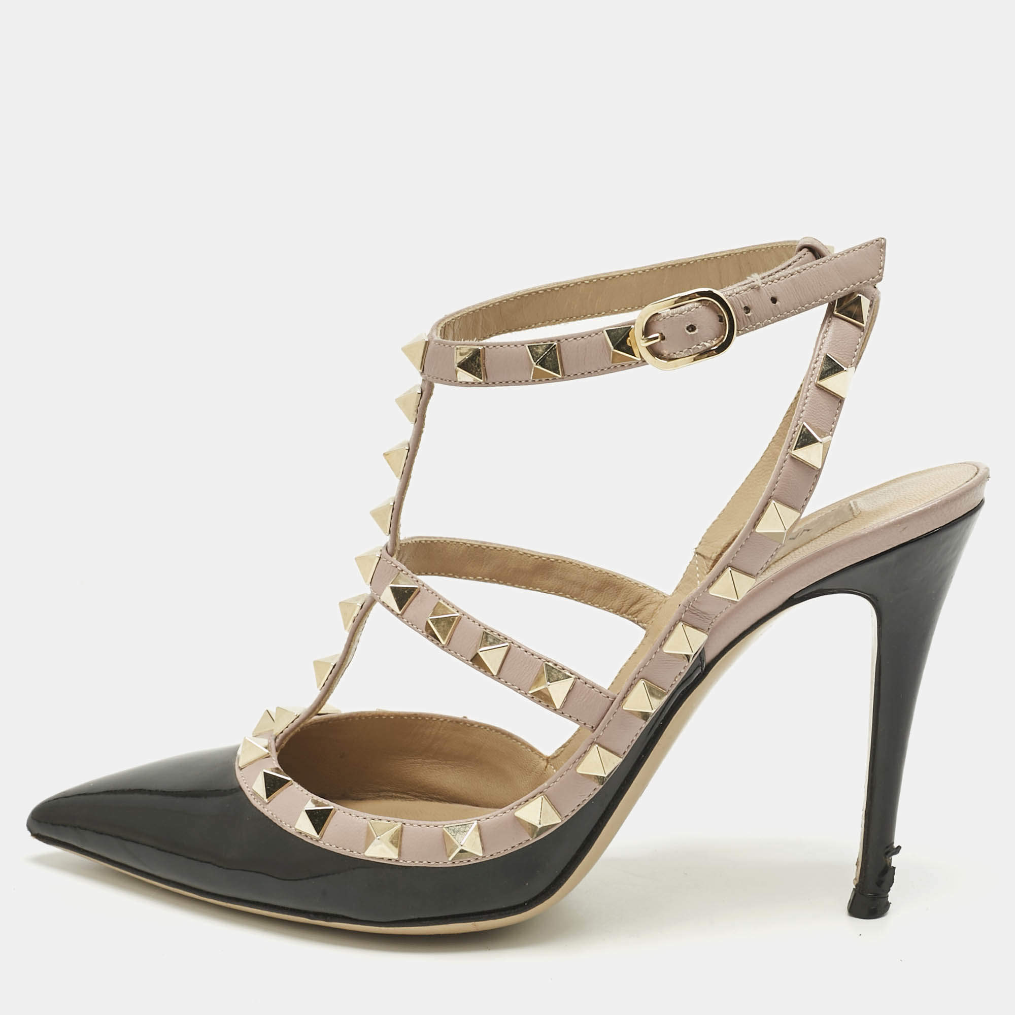 Pre Owned Valentino Black/Beige Patent Leather and Leather Rockstud Ankle Strap Pumps Size 37