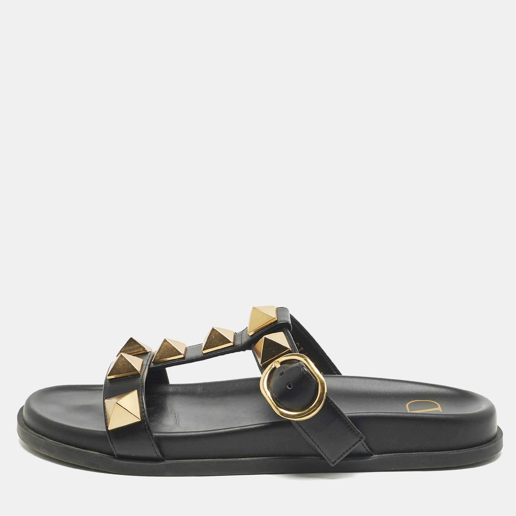 Pre Owned Valentino Black Leather Roman Stud Flat Slide Sandals Size 39
