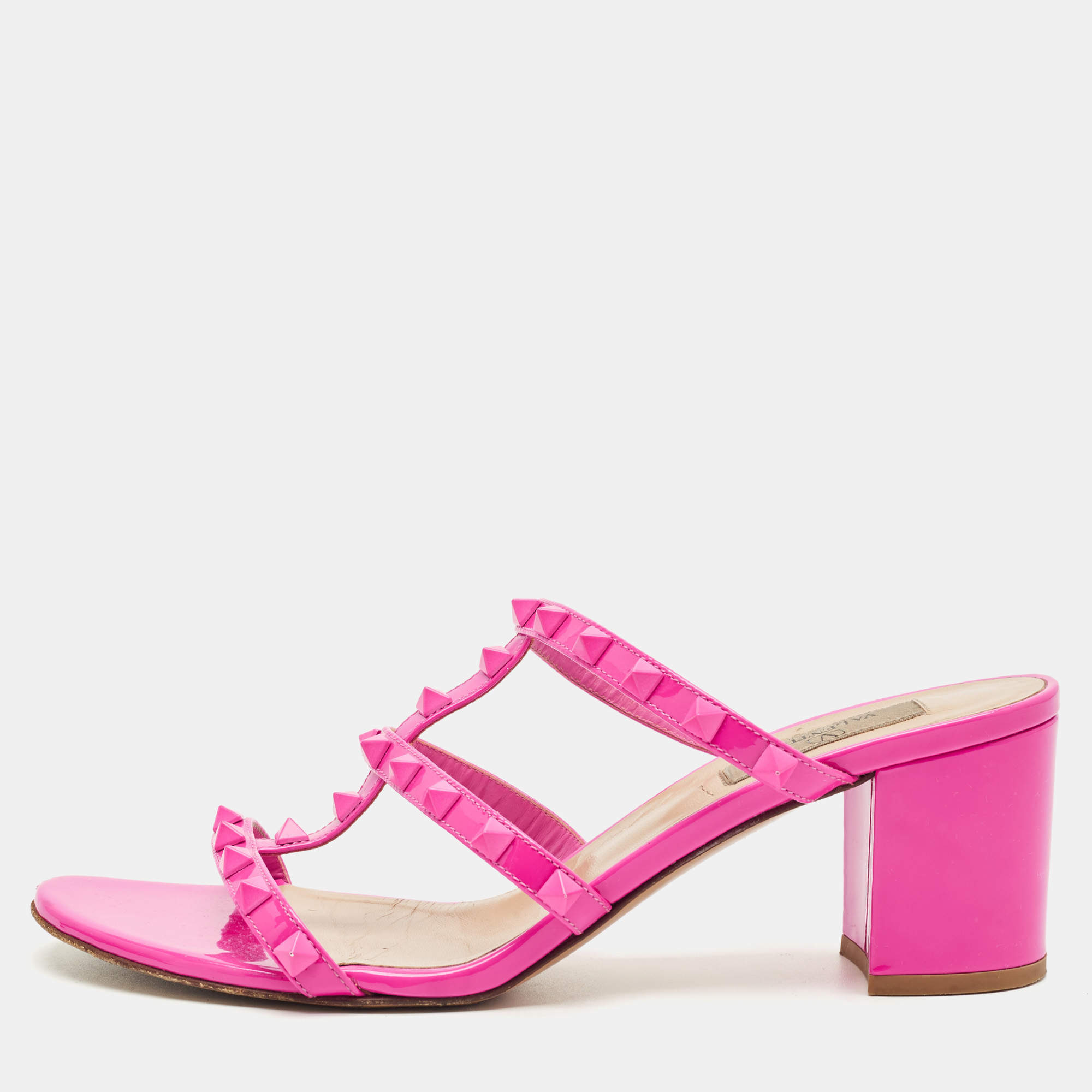 Pre Owned Valentino Pink Patent Leather Rockstud Slide Sandals Size 40