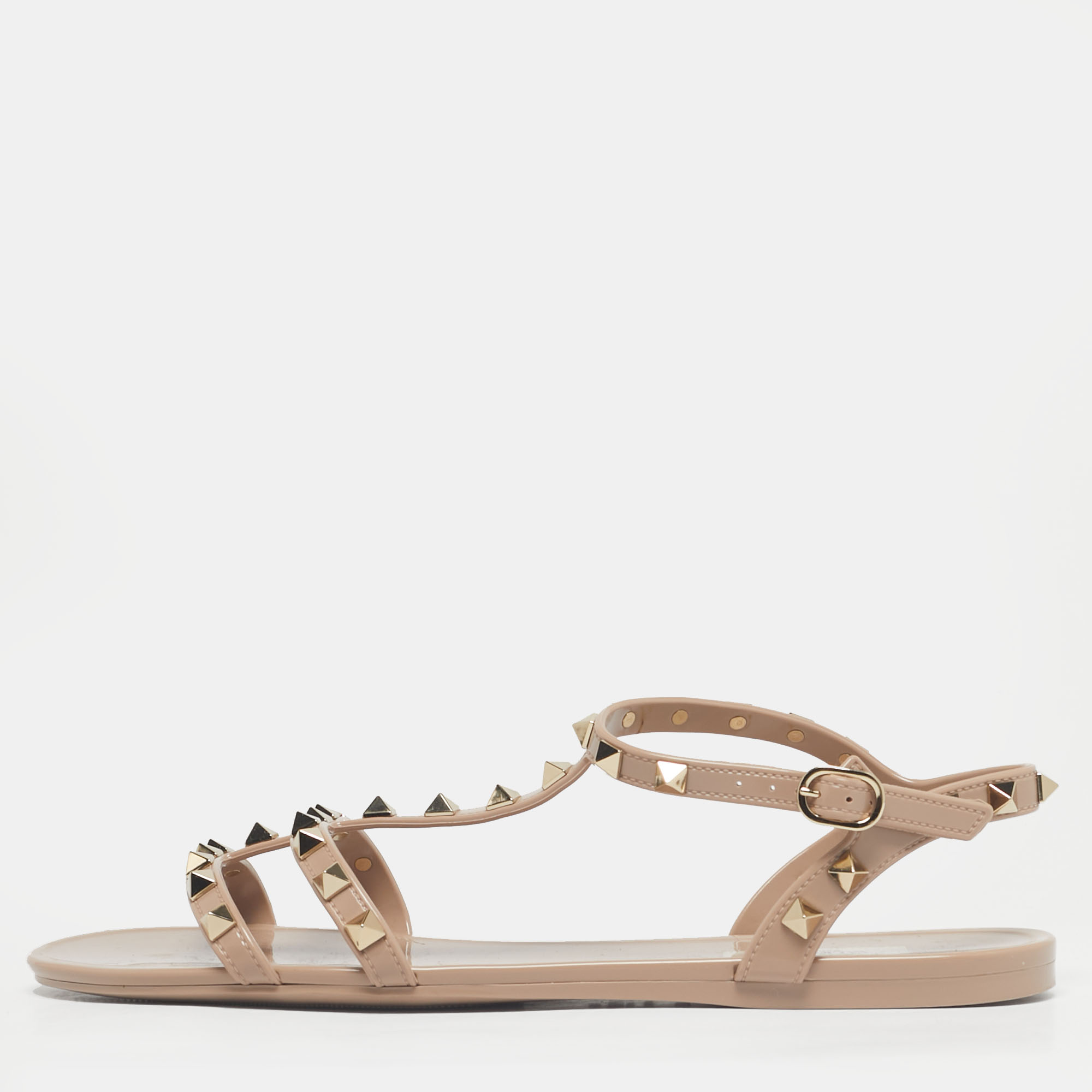مملوكة مسبقًا Valentino Beige Jelly Rockstud Ankle Strap Flats Size 40