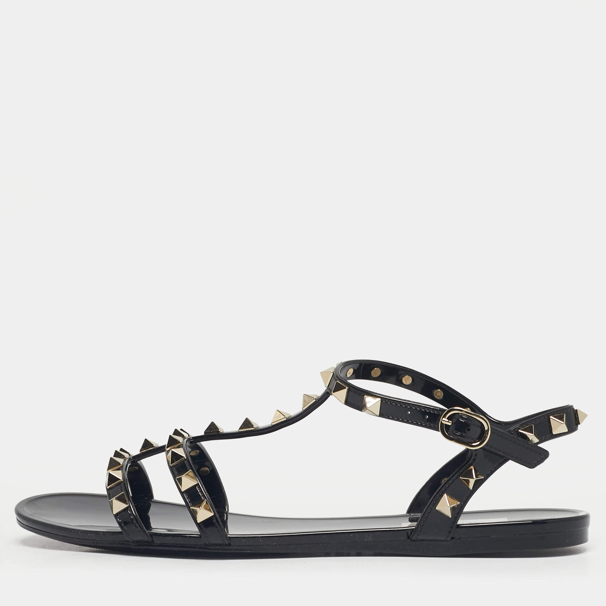 Pre Owned Valentino Black Jelly Rockstud Ankle Strap Flats Size 39