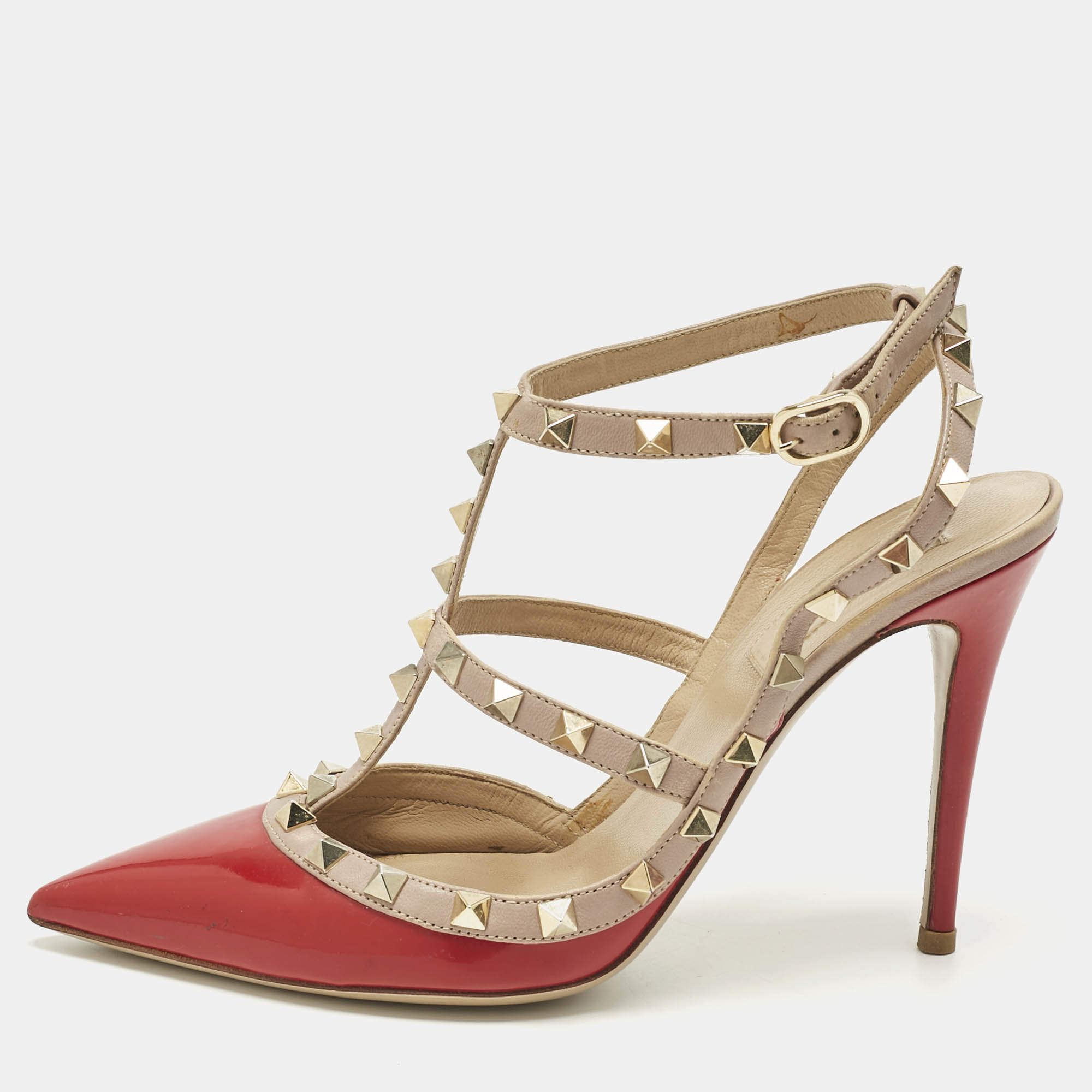 Pre Owned Valentino Red Leather and Patent Leather Rockstud Pumps Size 39
