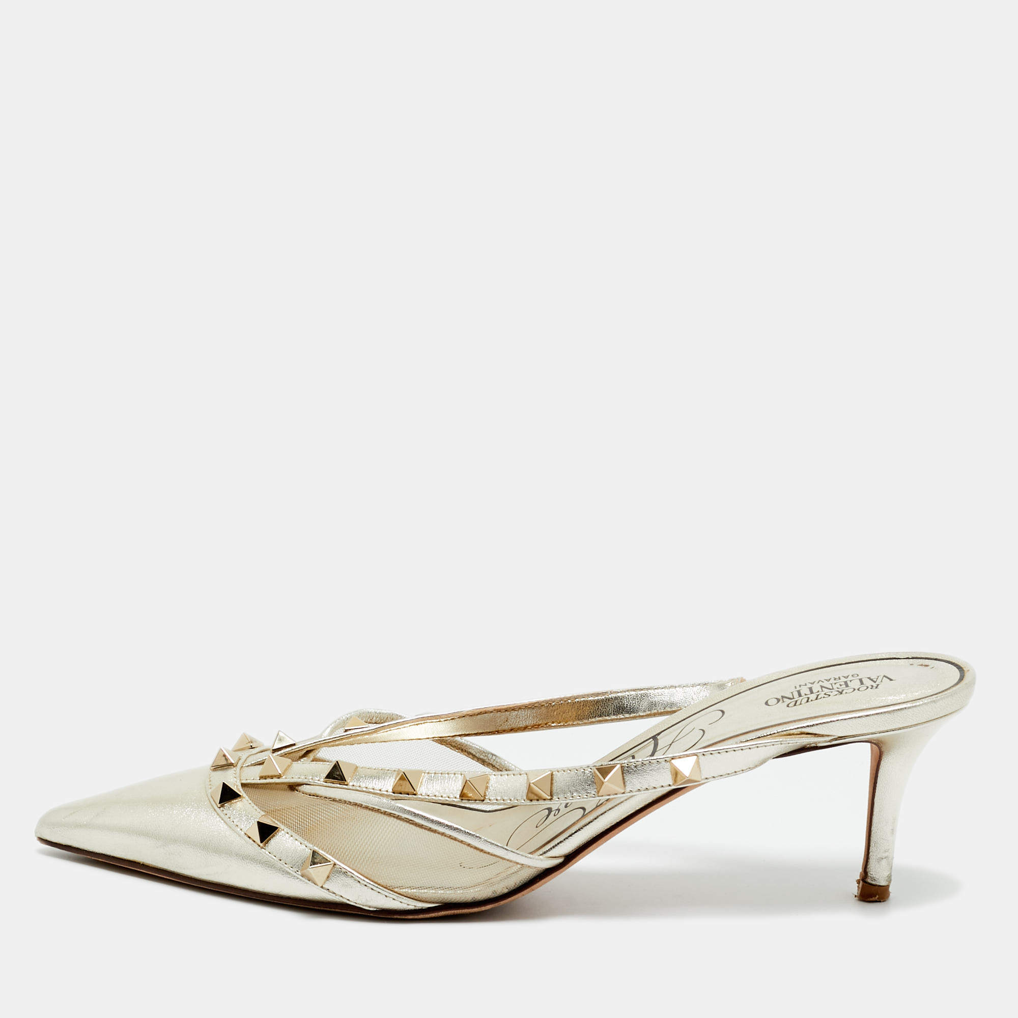 Pre Owned Valentino Silver Leather and Mesh Rockstud Pumps Size 38.5