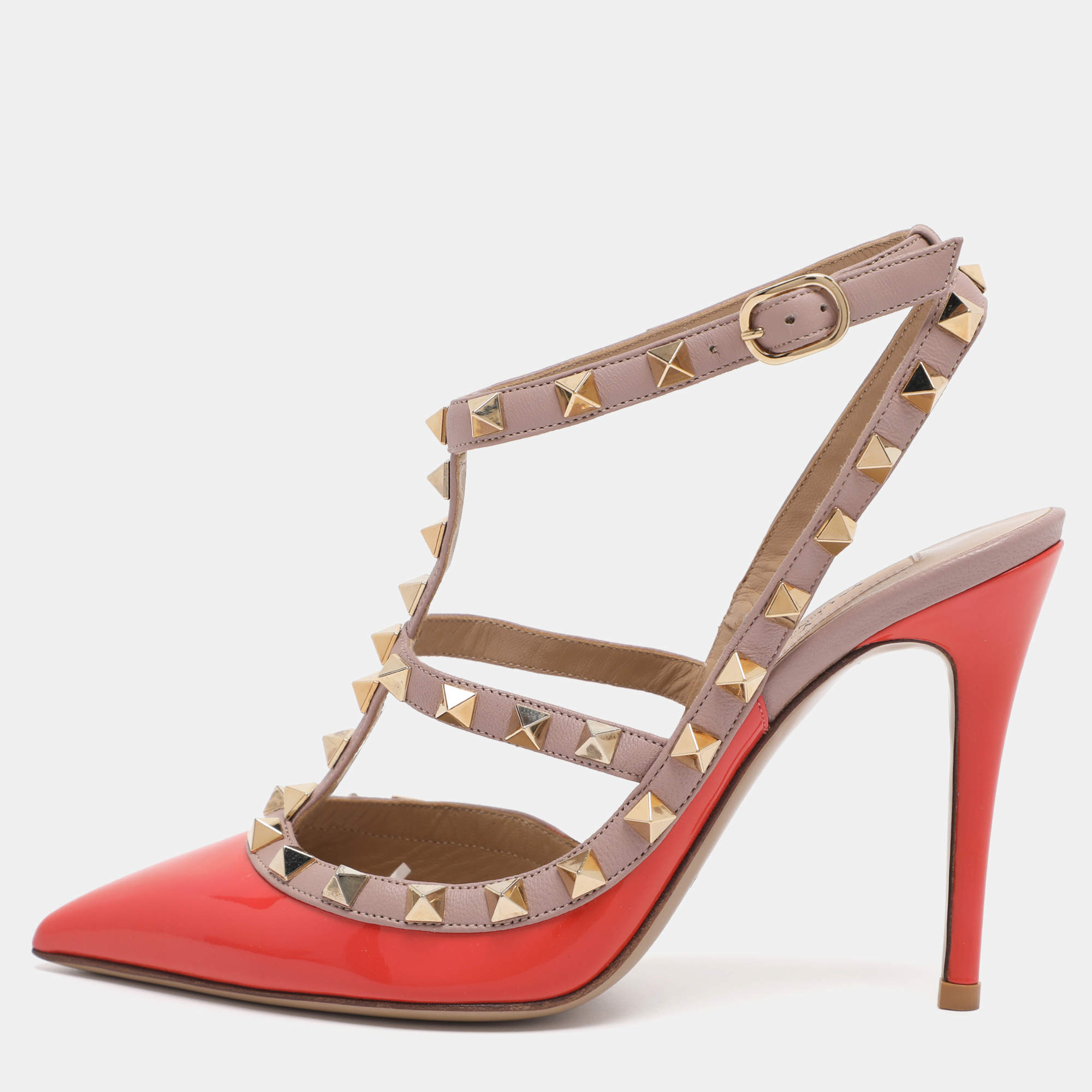 Pre Owned Valentino Orange/Beige Patent Leather Rockstud Caged Ankle Strap Pumps Size 36