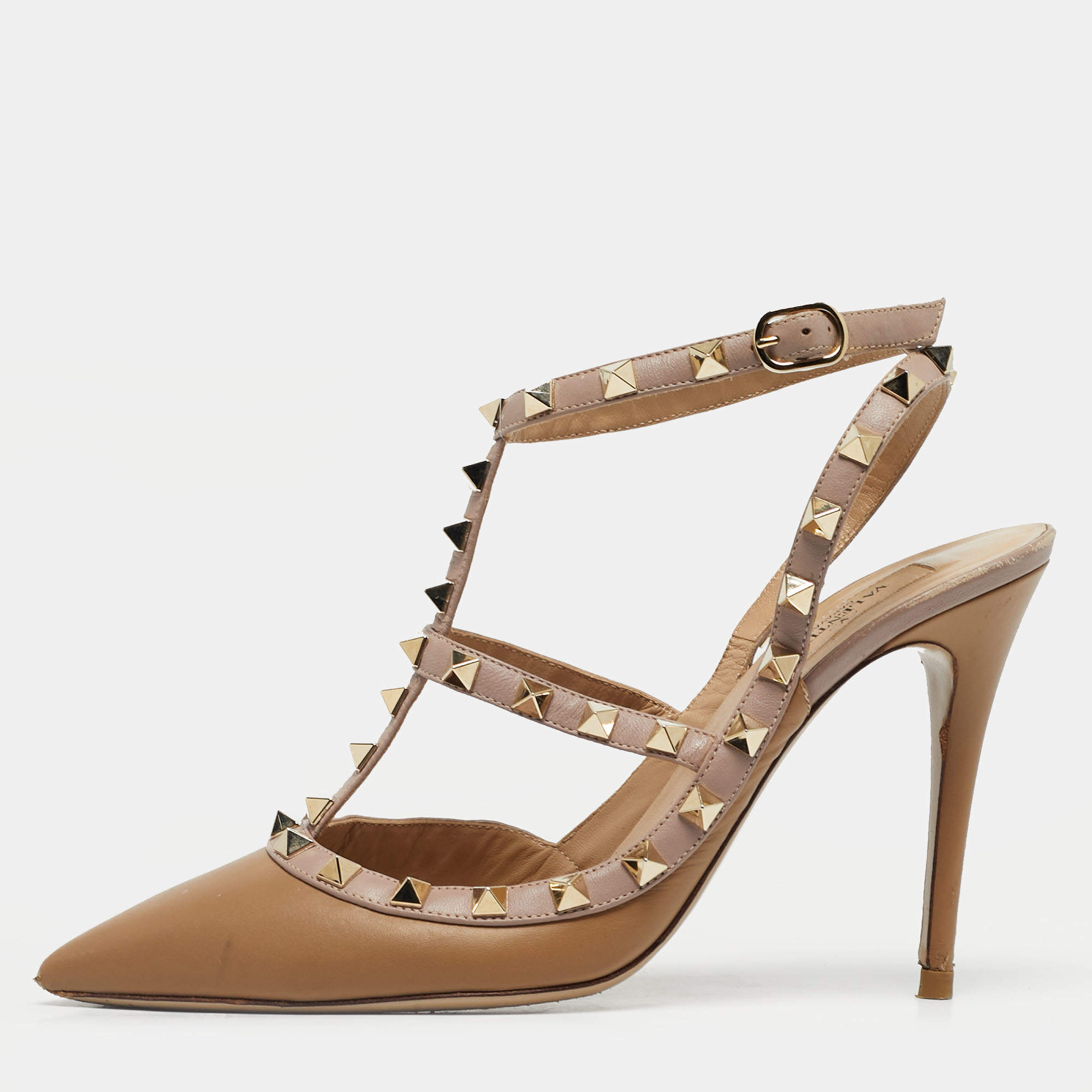 Pre Owned Valentino Beige Suede Rockstud Ankle Strap Pumps Size 39