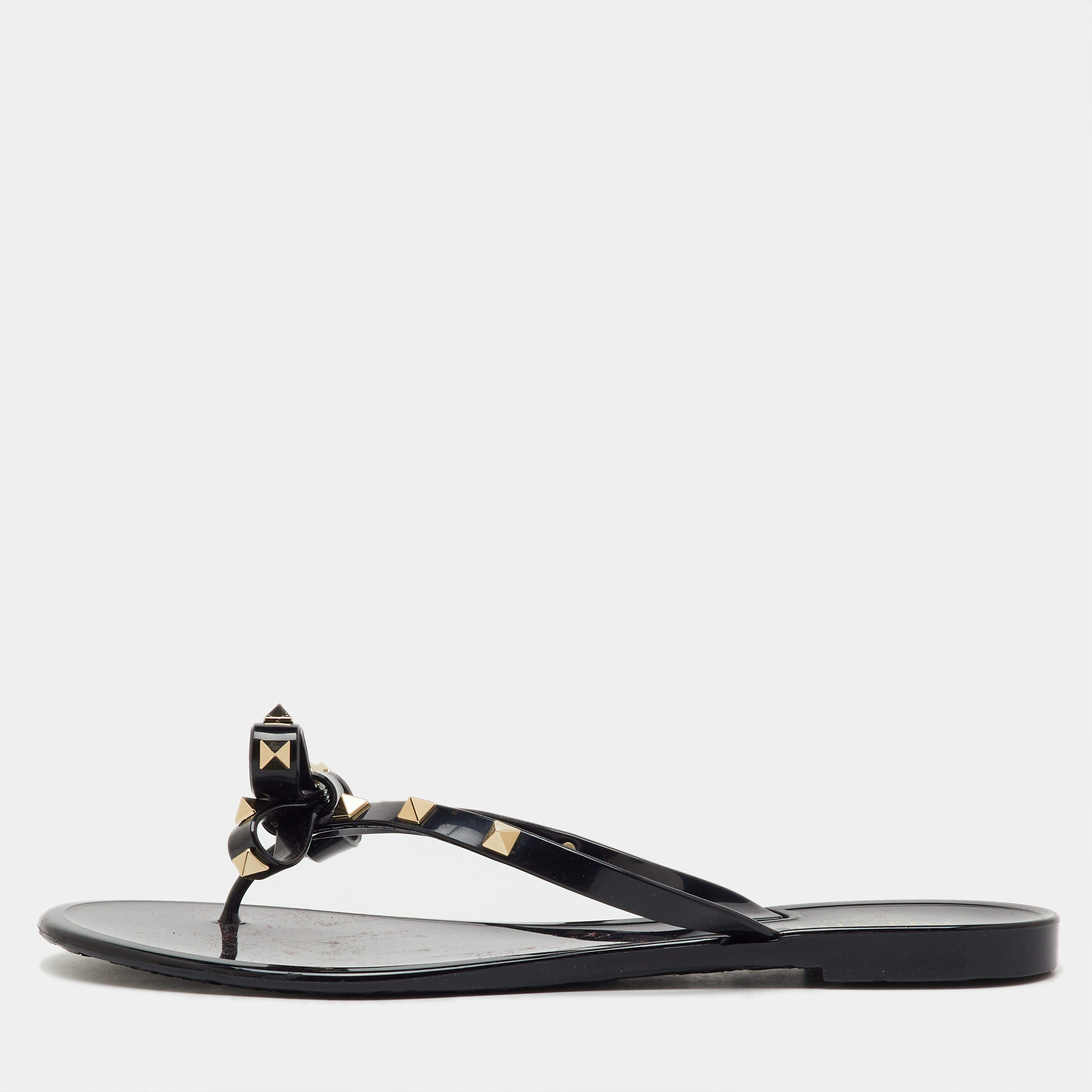 Pre Owned Valentino Black Jelly Rockstud Bow Flat Thong Sandals Size 42