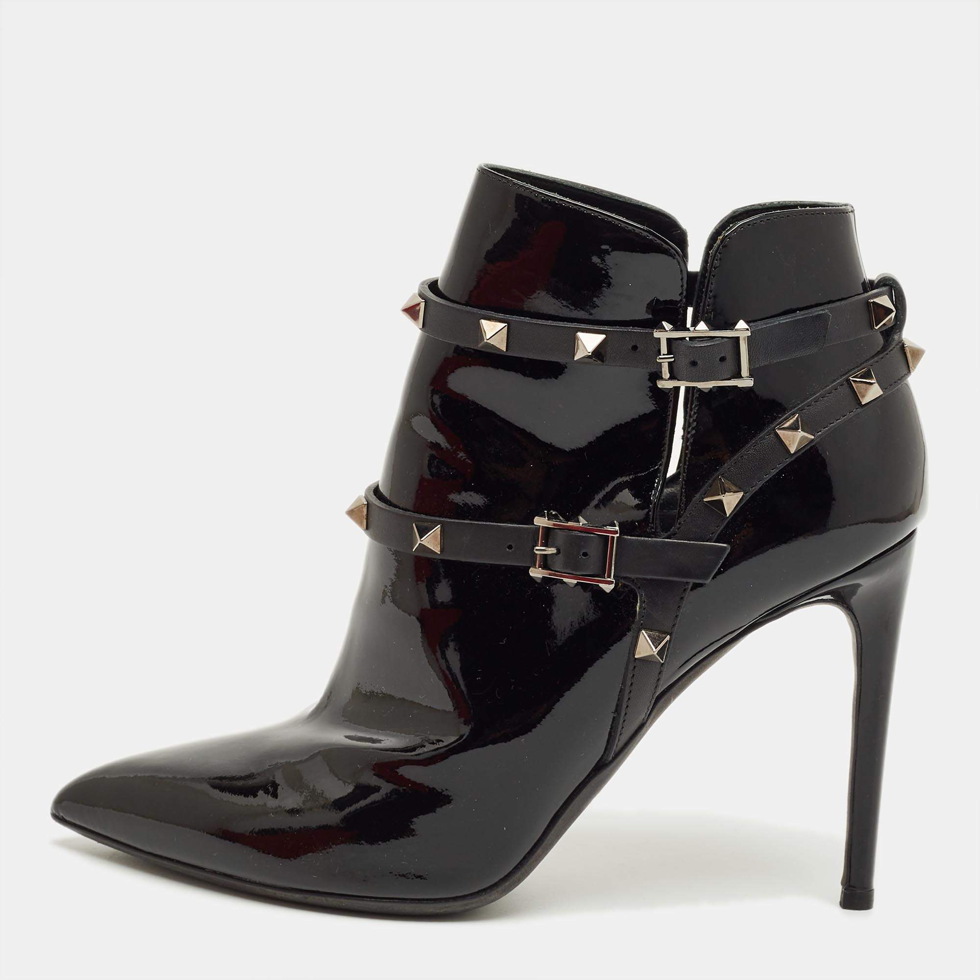 Pre Owned Valentino Black Patent Leather Rockstud Ankle Boots Size 39