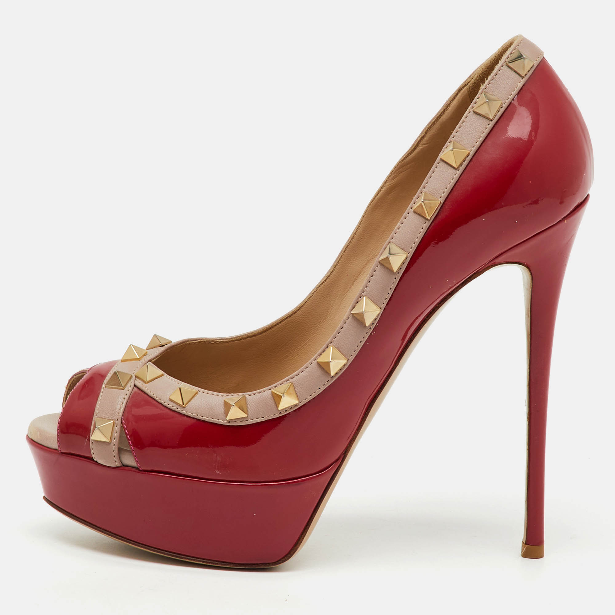 Pre Owned Valentino Red/Dusty Pink Patent Leather Rockstud Peep Toe Platform Pumps Size 37.5