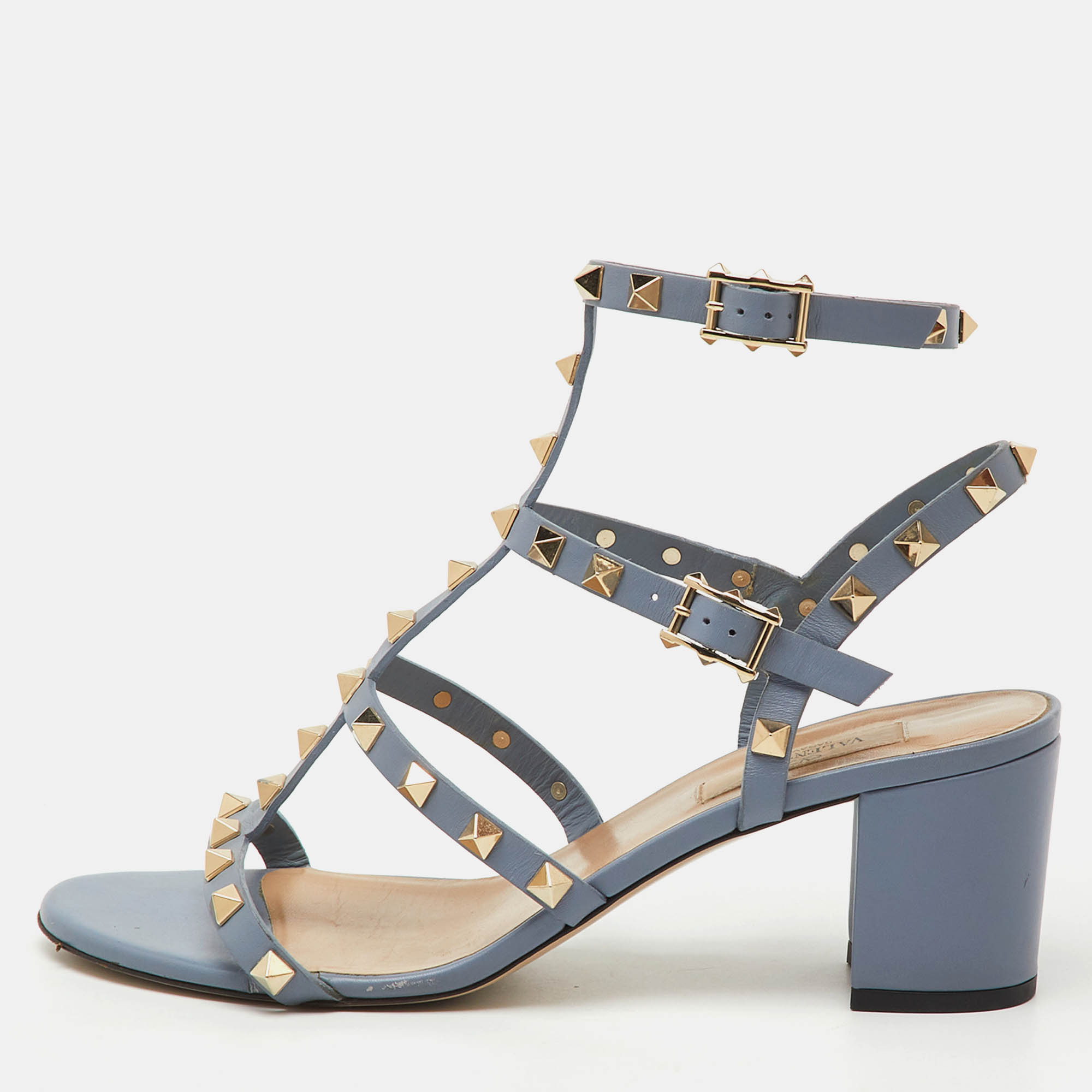 Pre Owned Valentino Light Blue Leather Rockstud Ankle Strap Sandals Size 38.5