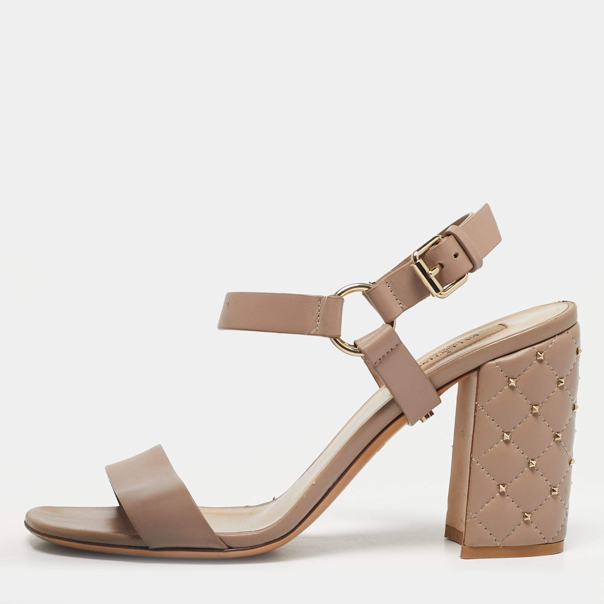 Pre Owned Valentino Beige Leather Rockstud Embellish Ankle Strap Sandals Size 38