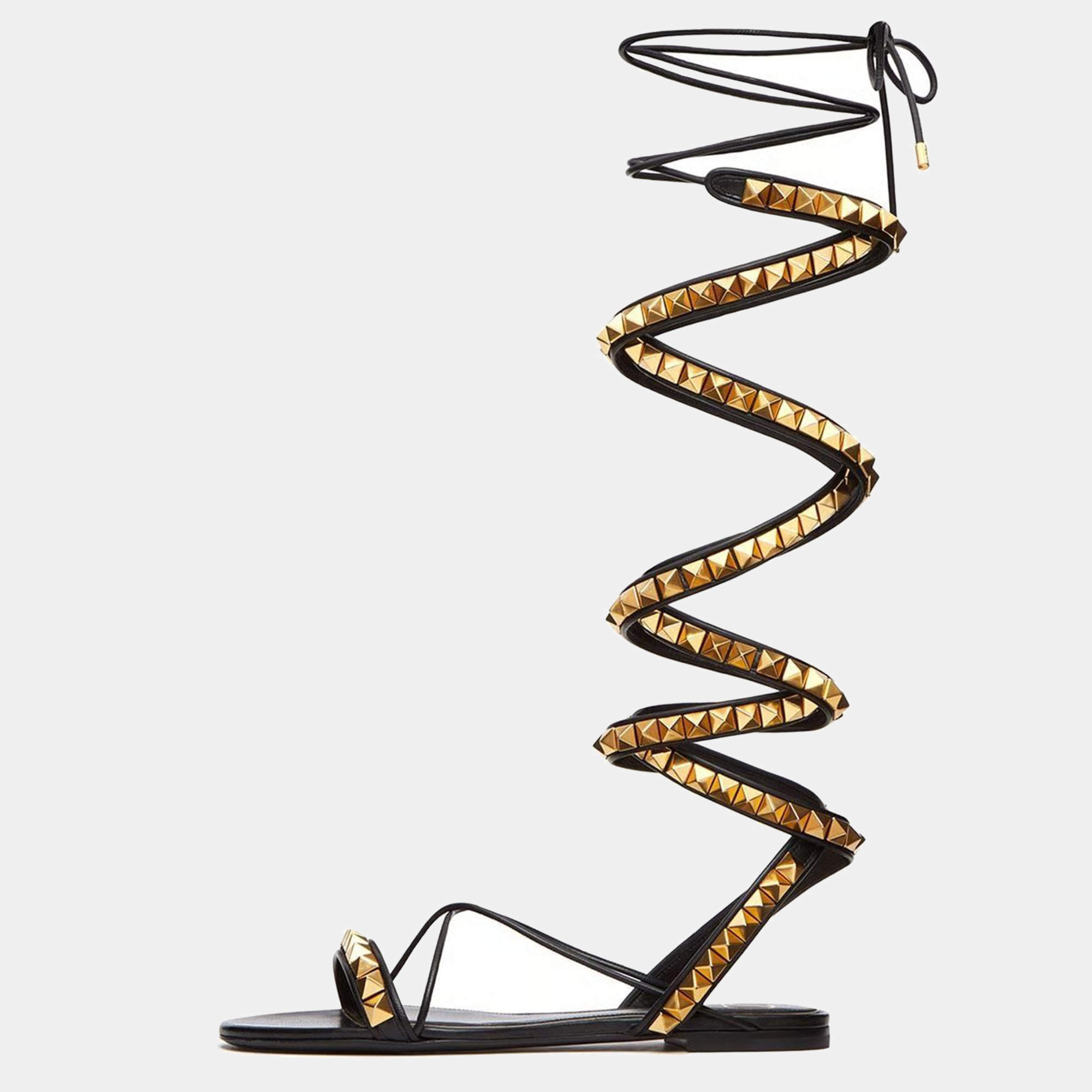 Pre Owned Valentino Black Leather Rockstud Ankle Wrap Sandals Size 37