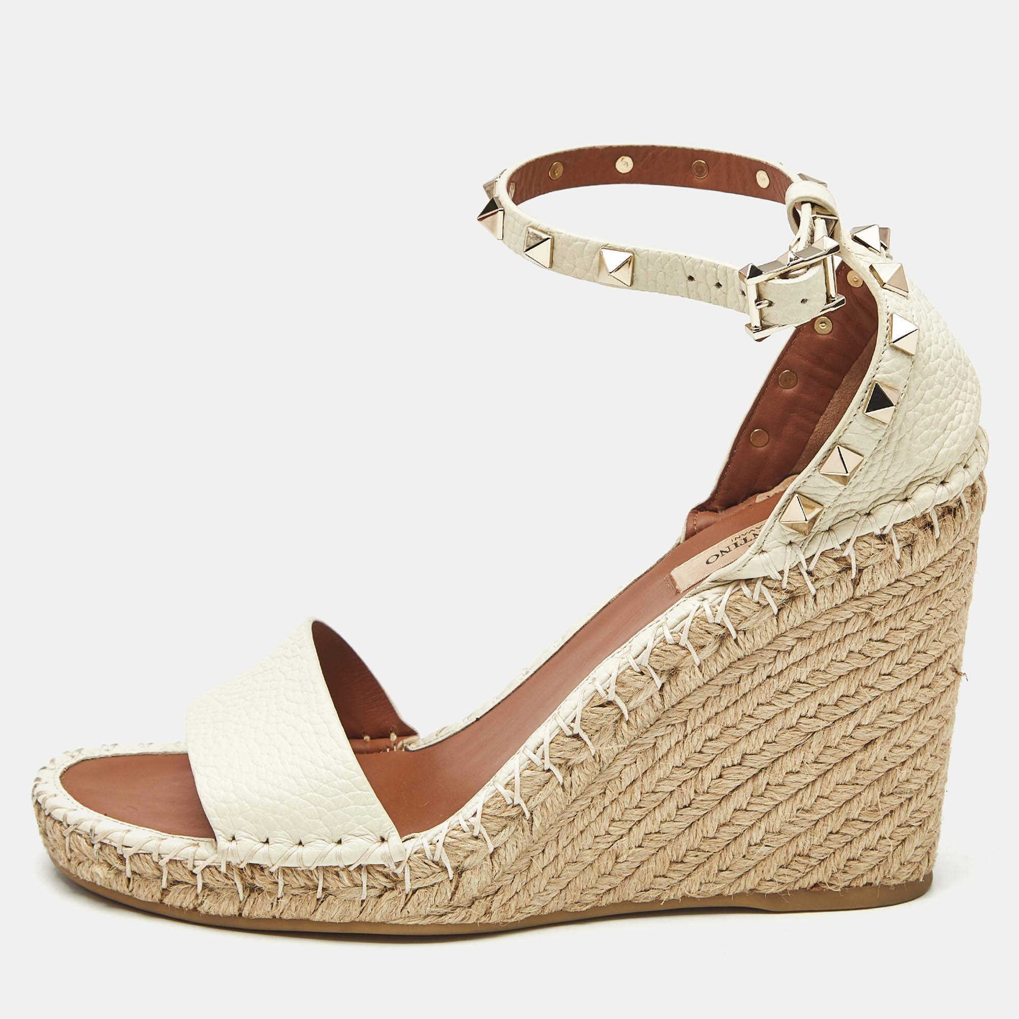 Pre Owned Valentino White/Cream Leather Rockstud Wedge Sandals Size 38