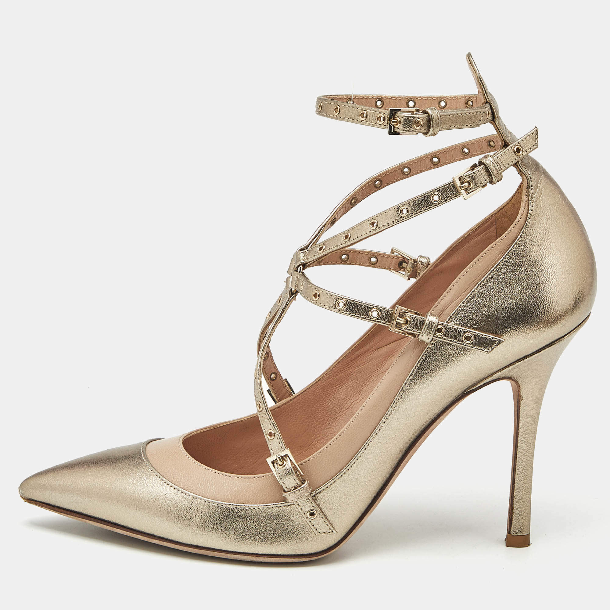 Pre Owned Valentino Gold/Beige Leather Love Latch Eyelet Embellished Pumps Size 38