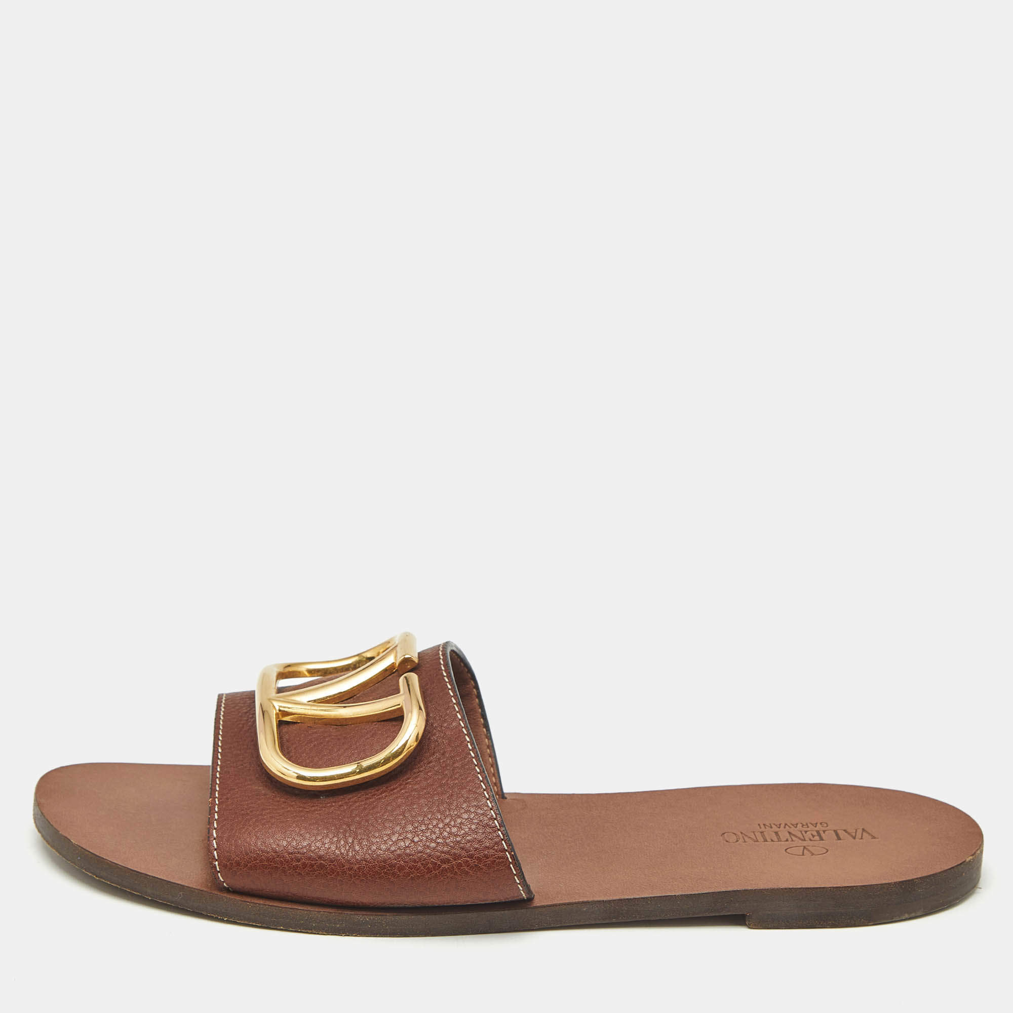 Pre Owned Valentino Brown Leather Escape VLogo Flat Slides Size 39