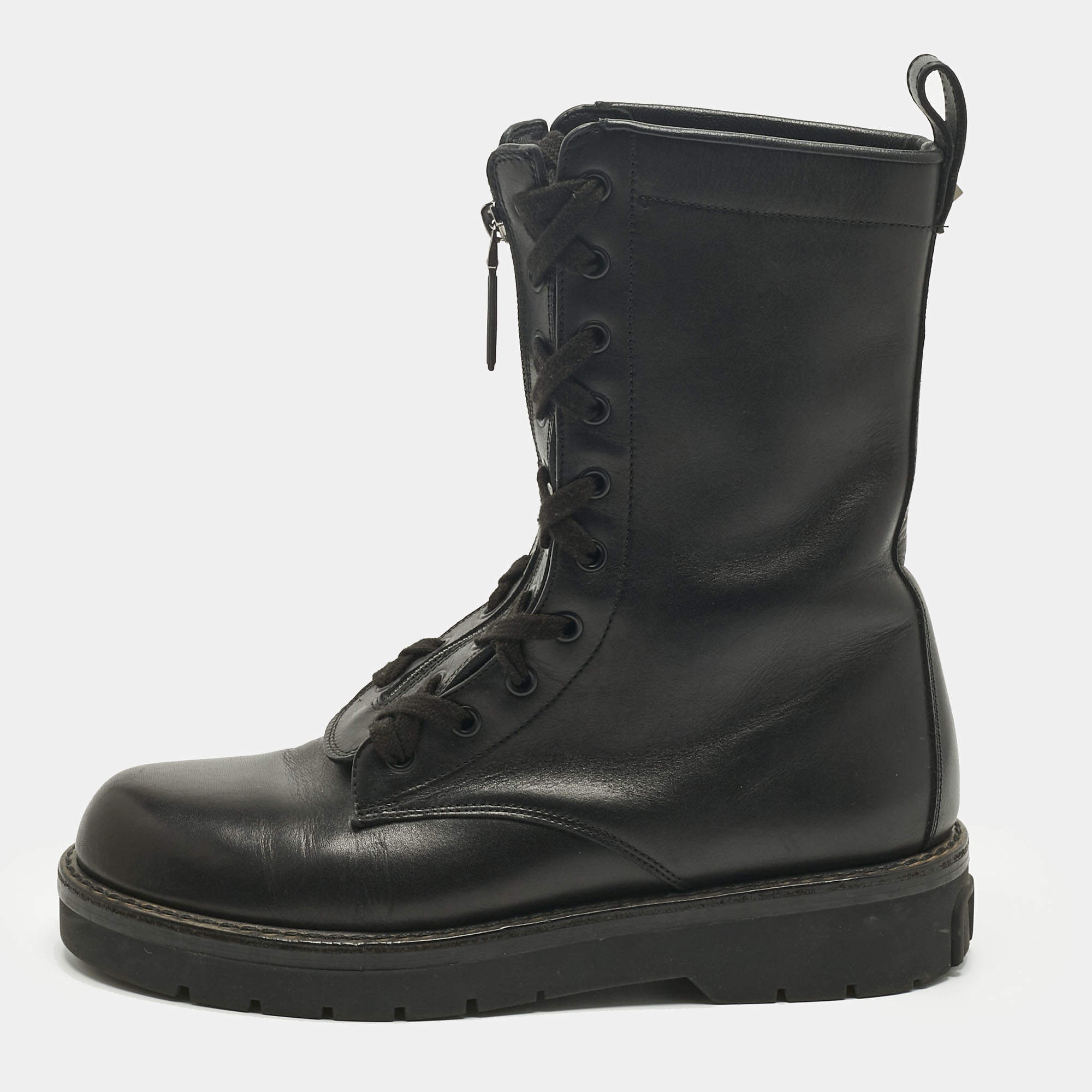 Pre Owned Valentino Black Leather Lace Up Combat Boots Size 39