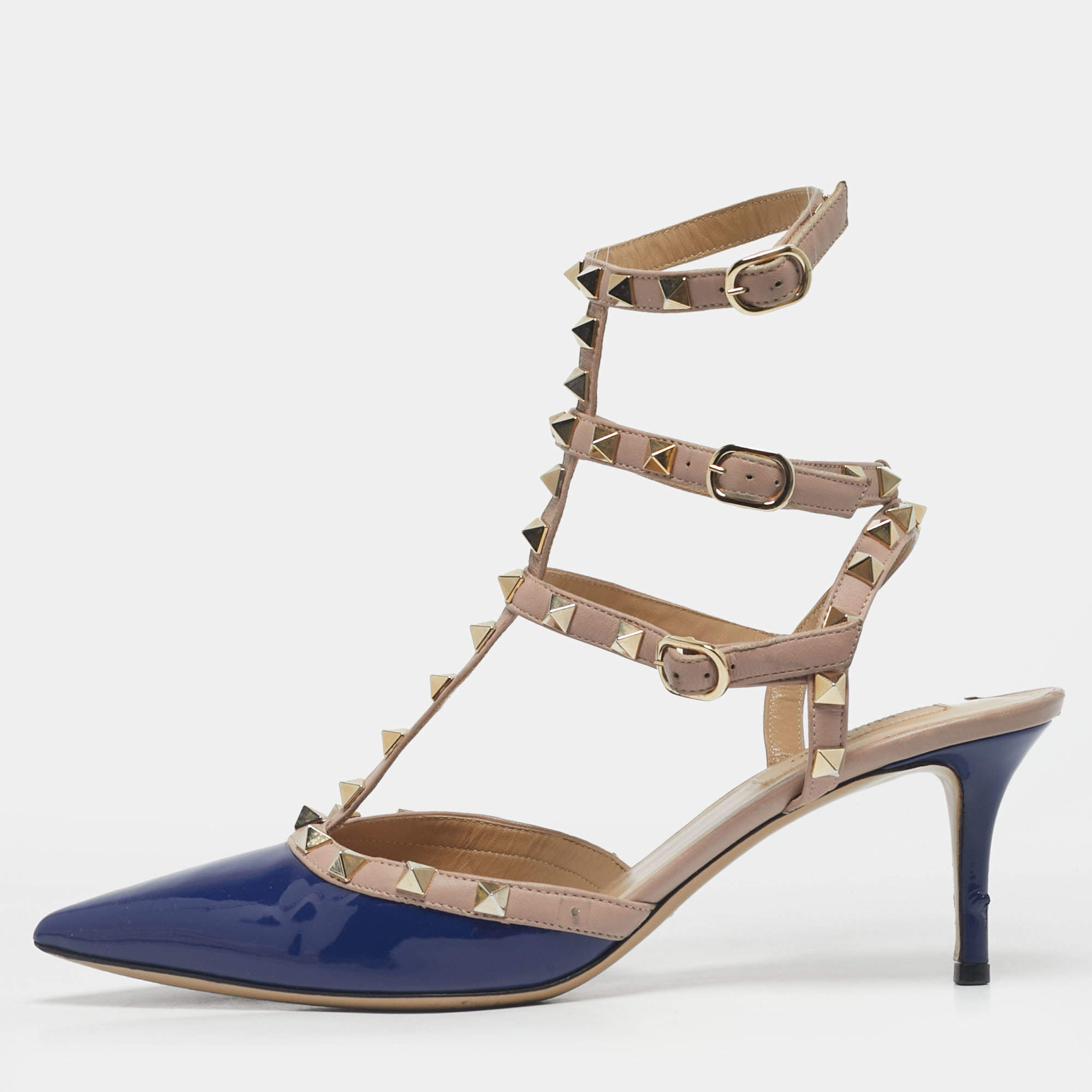 Pre Owned Valentino Blue/Beige Patent Leather Rockstud Caged Pumps Size 40