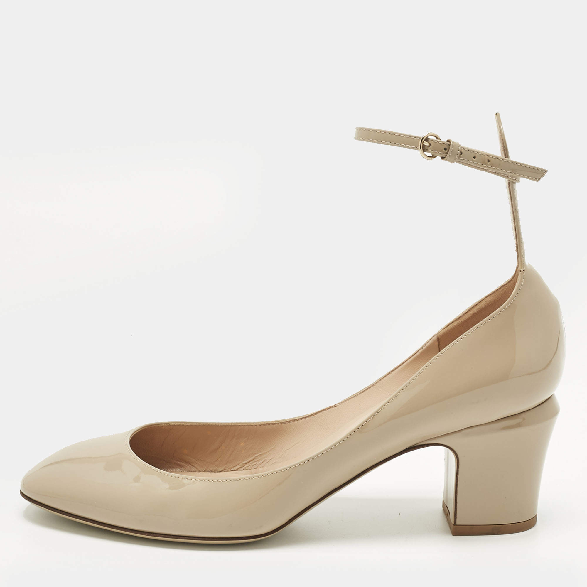 Pre Owned Valentino Beige Patent Leather Tan-Go Block Heel Pumps Size 40