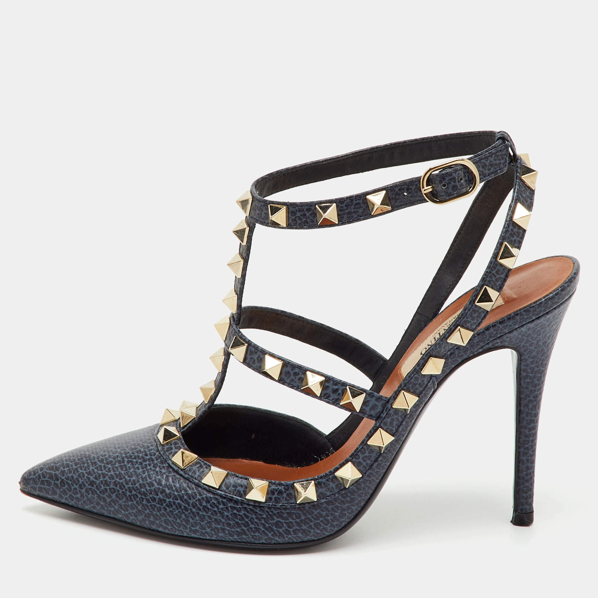 Pre Owned Valentino Navy Blue Leather Rockstud Ankle Strap Pumps Size 36