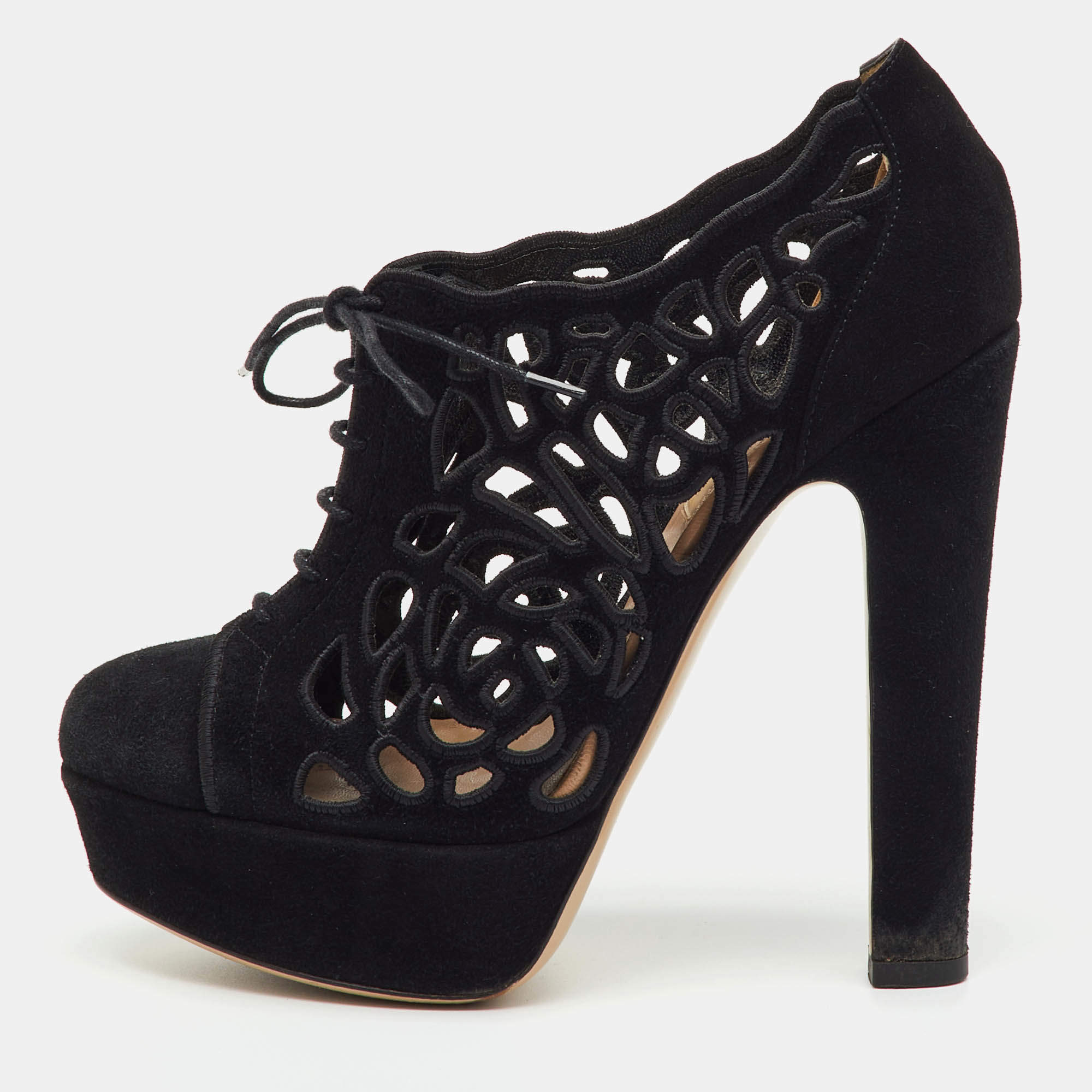 Pre Owned Valentino Black Suede Cut Out Lace Up Platform Booties Size 36
