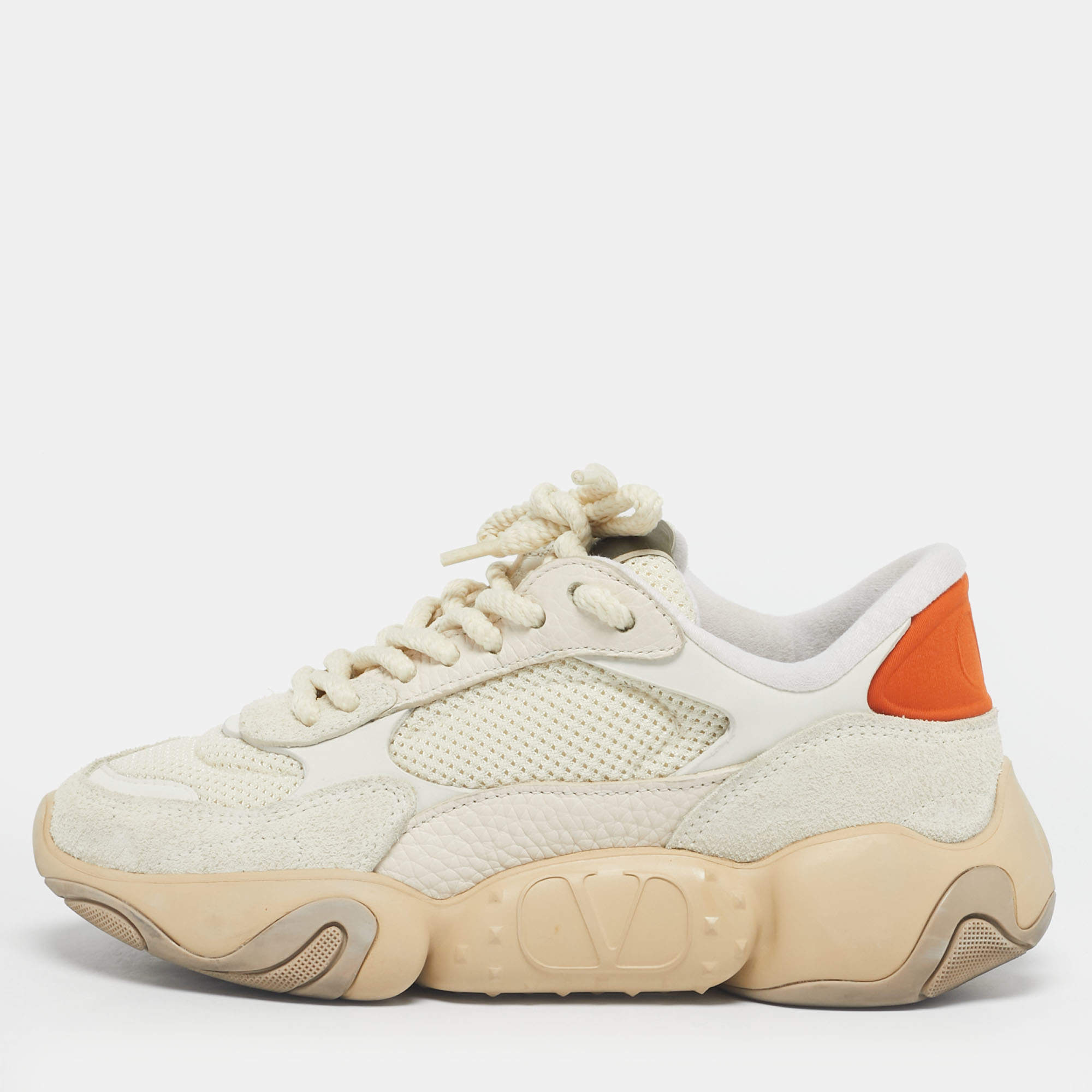 Pre Owned Valentino White/Grey Fabric and Suede Bubbleback Lace Up Sneakers Size 35