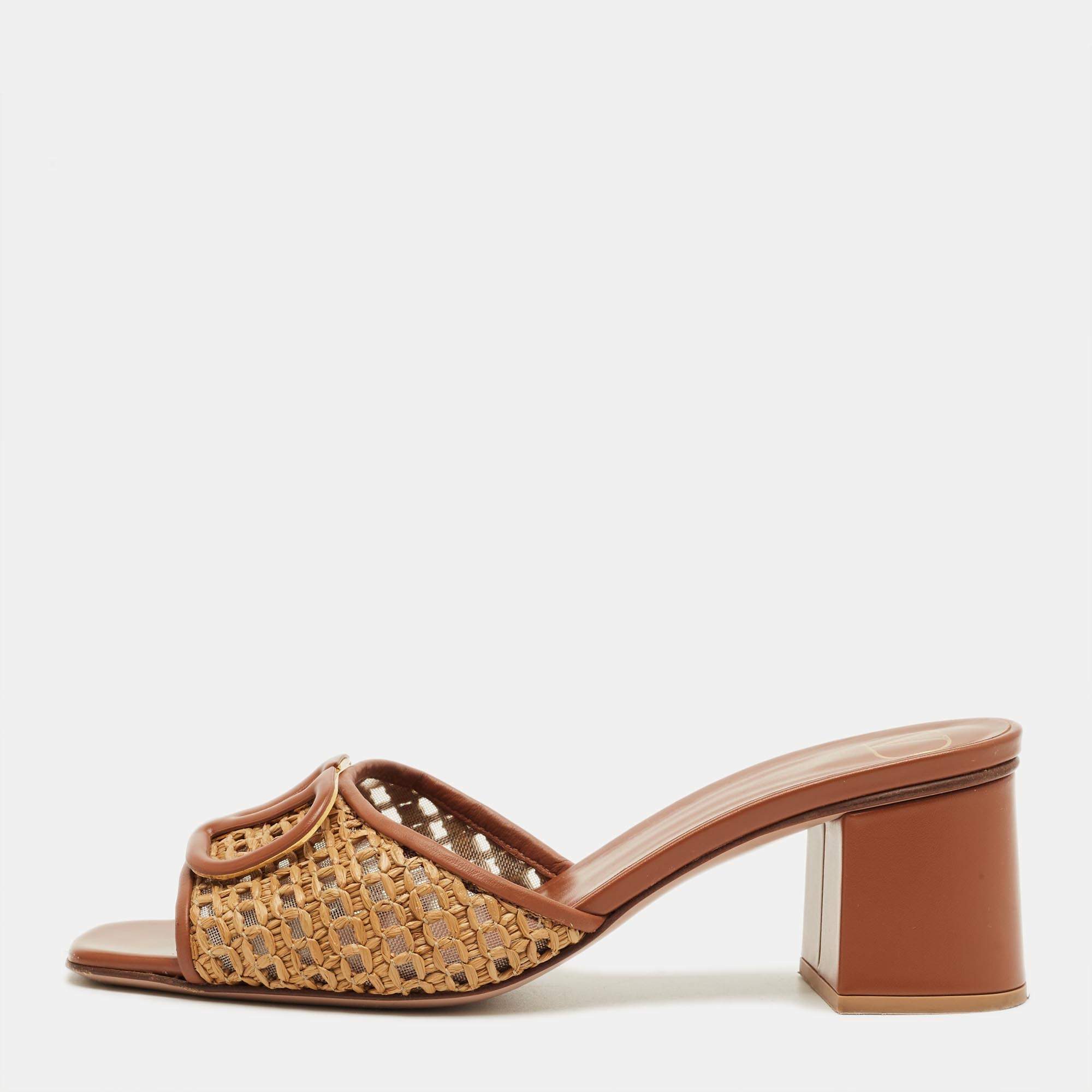 Pre Owned Valentino Brown Straw and Leather Escape VLogo Slide Sandals Size 37