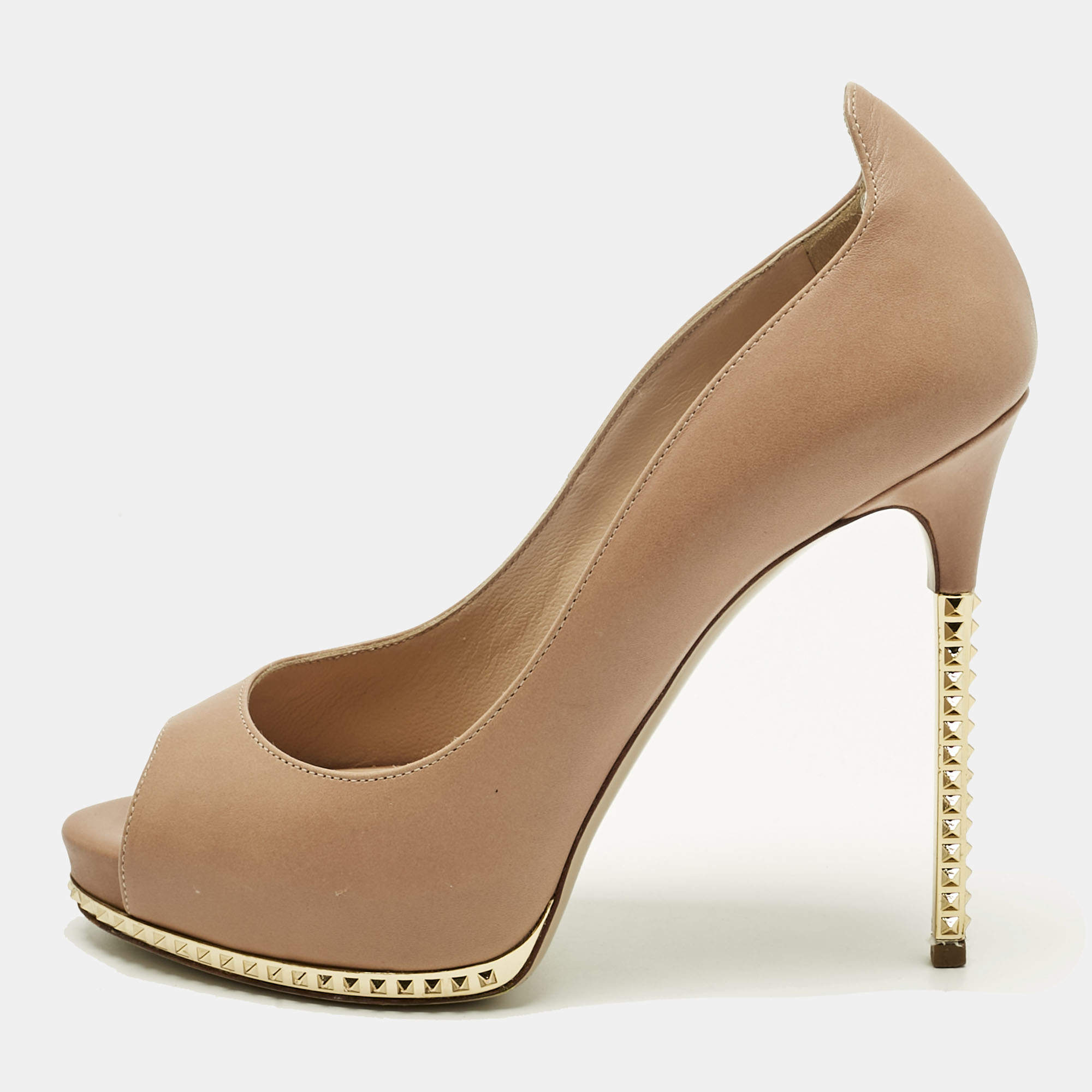 Pre Owned Valentino Beige Leather Rockstud Peep Toe Pumps Size 36