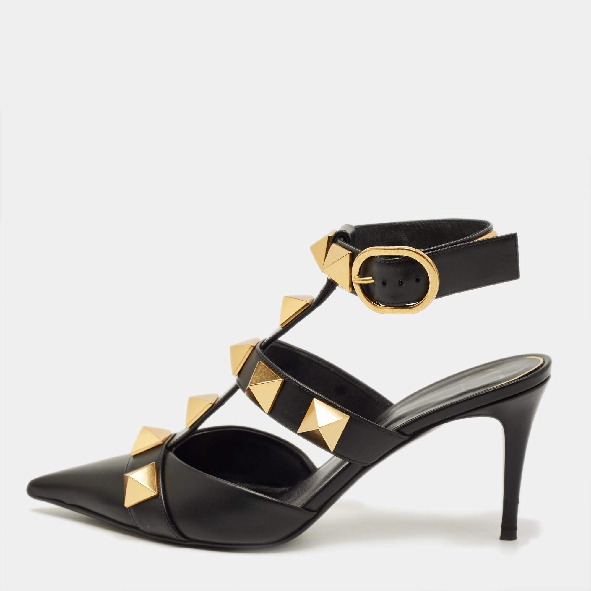 Pre Owned Valentino Black Leather Roman Stud Pointed Toe Ankle Cuff Pumps Size 38