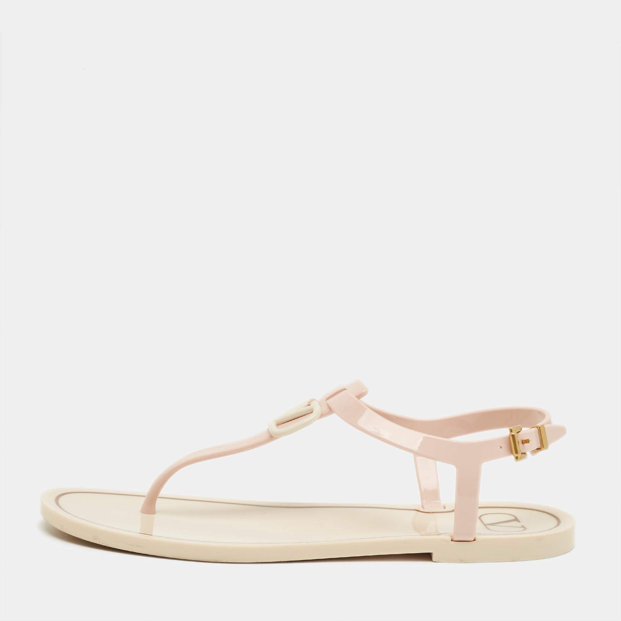 Pre Owned Valentino Cream Jelly VLogo Thong Flats Size 38