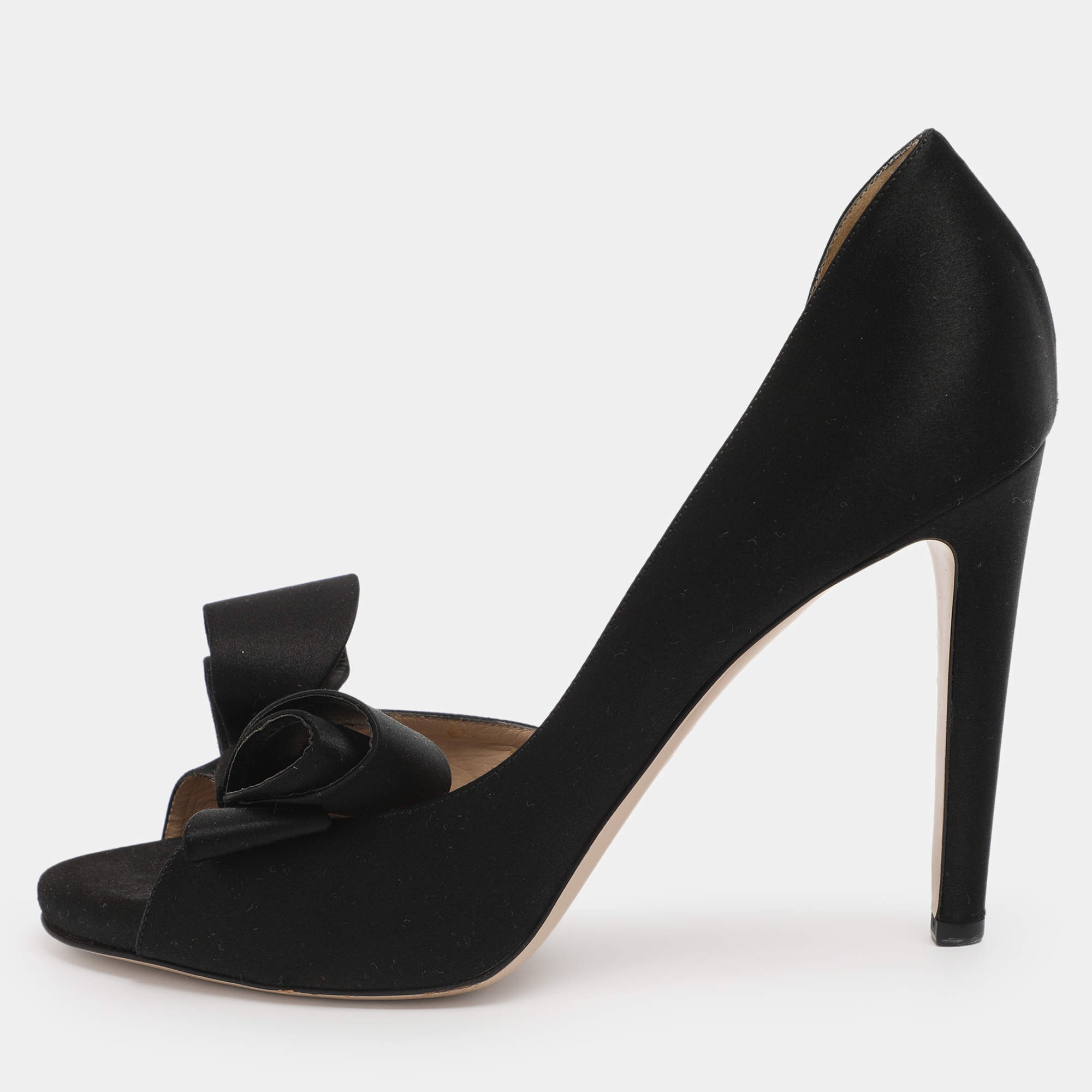 Pre Owned Valentino Black Satin Bow Peep Toe D'orsay Pumps Size 38.5